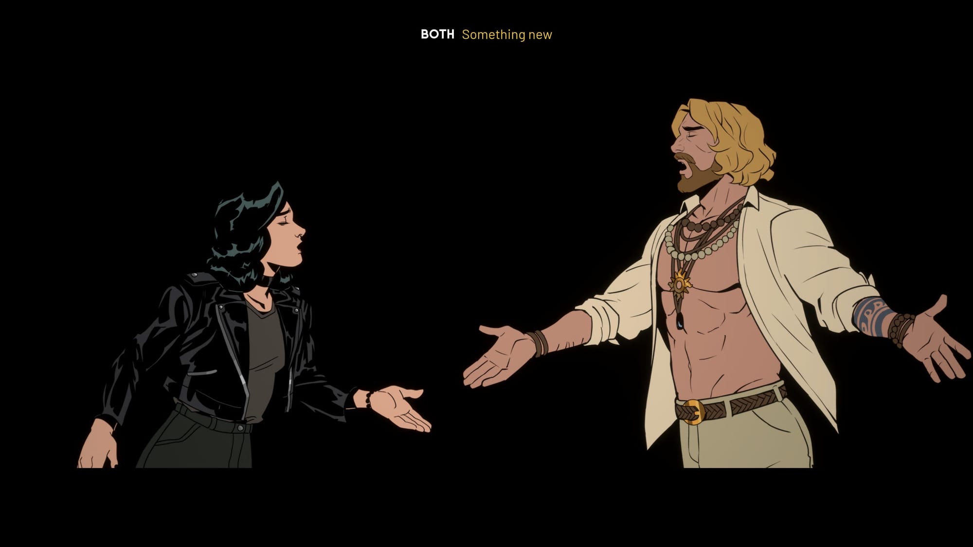 Grace, still white woman with black hair and dressed in black, sings together with a tall blondy serfer with naked abs and a beard