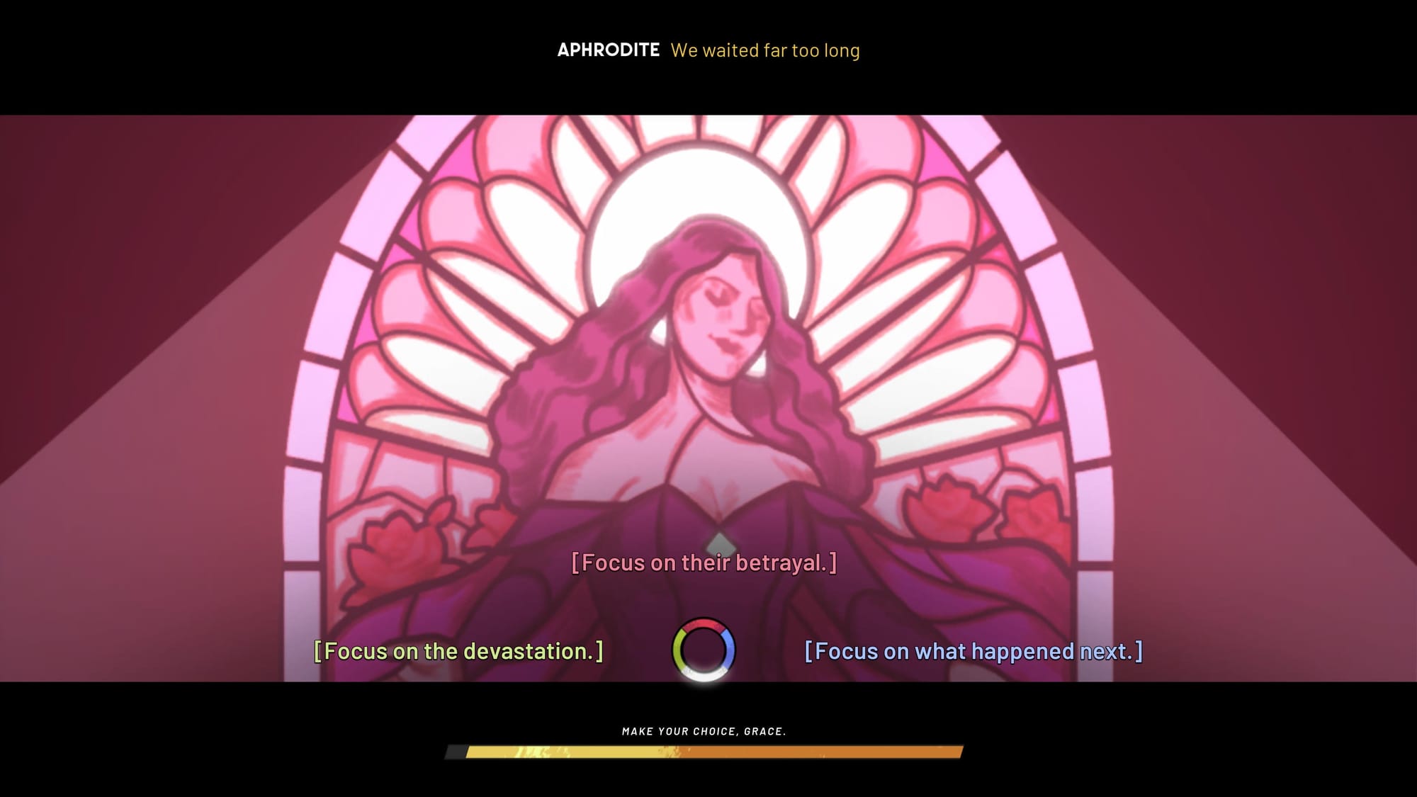 On the background of a pinky fresco you presented with a choice wheel between "betrayal", "devastation" and "what happened next"