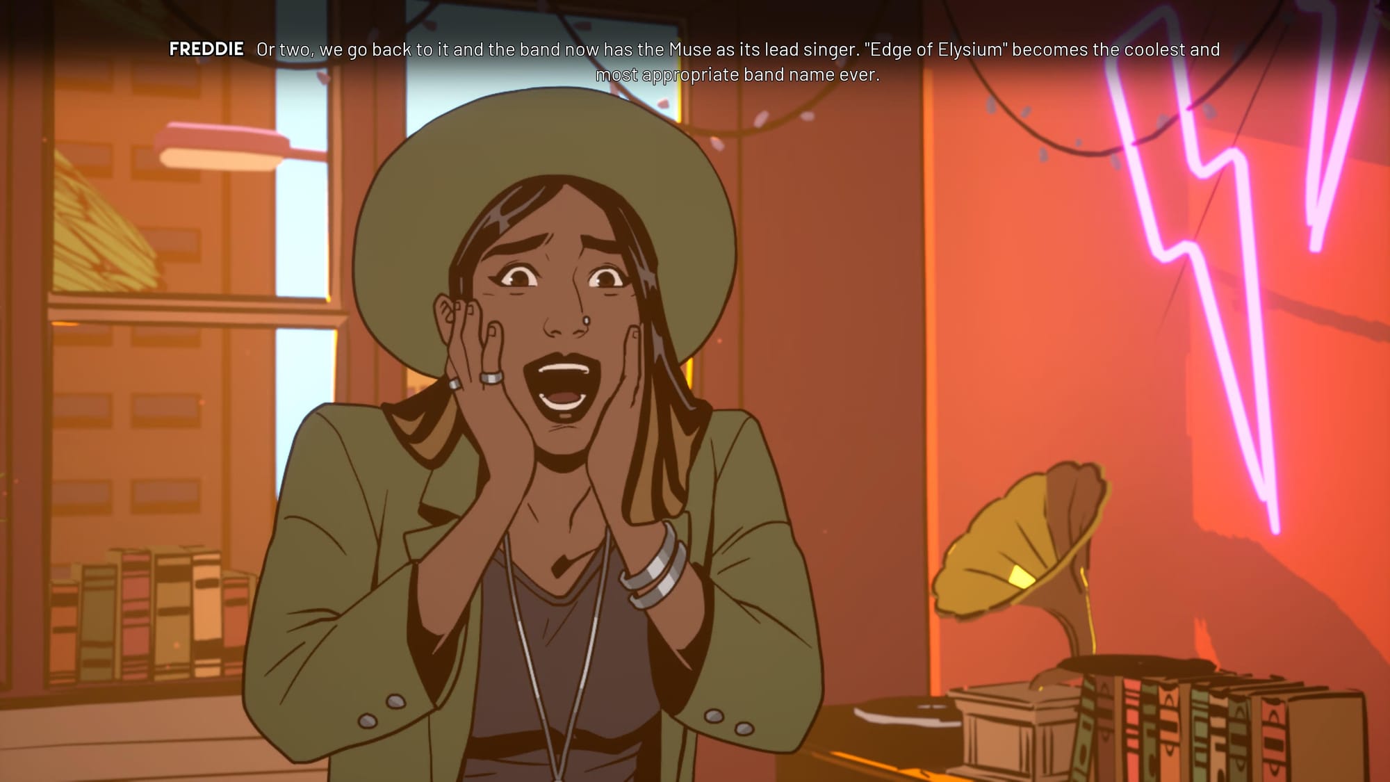 Freddie, an Indian girl in a green-ish hat and a jacket shouting excitedly and holding her face with her hands