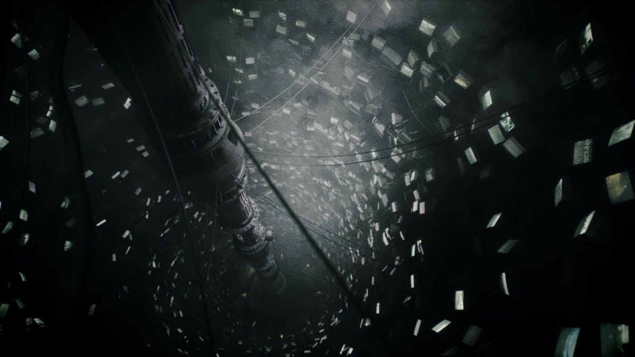 A deep downward tunnel with hundreads televisions shining in the dark