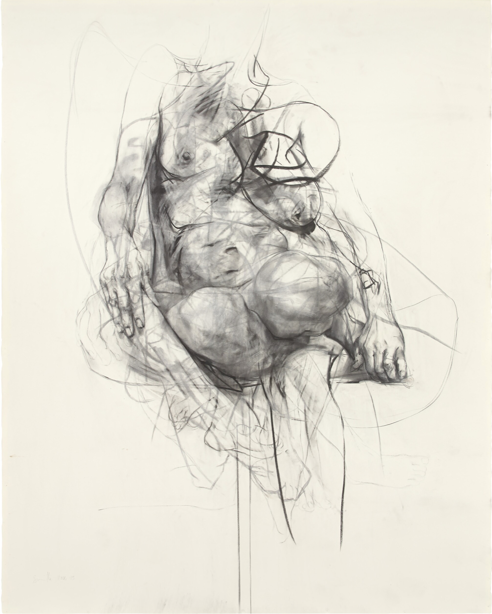Muse on Stool (Study)                              charcoal on paper 190 by 153 cm. 75 by 60¼ in.  Executed in 2015. 