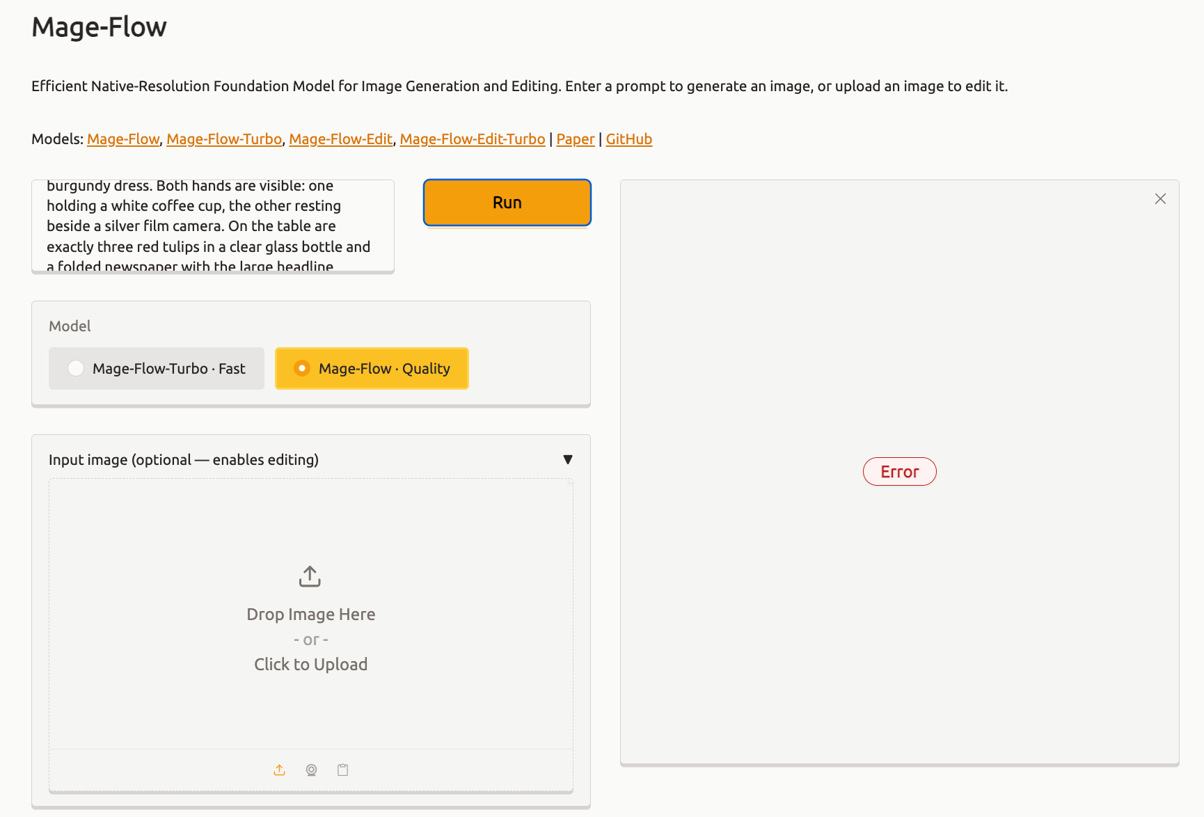 Mage-Flow Quality mode showing a blank error after submitting an image-generation prompt in Microsoft’s public Hugging Face demo.