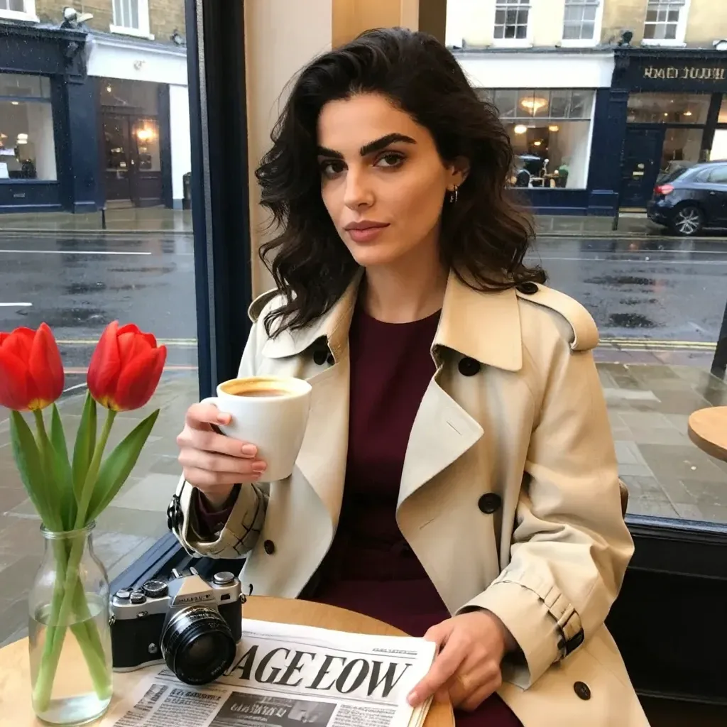 A woman in a café wearing a beige trench coat over a burgundy dress, and drinking coffee.