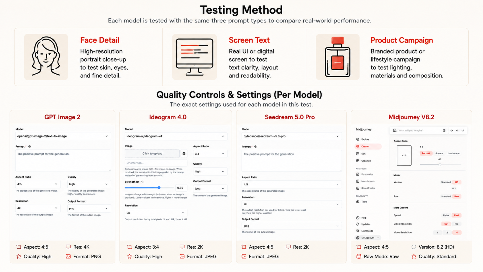 Testing-method graphic showing Face Detail, Screen Text and Product Campaign prompts, with quality-control settings for GPT Image 2, Ideogram 4.0, Seedream 5.0 Pro and Midjourney V8.2.