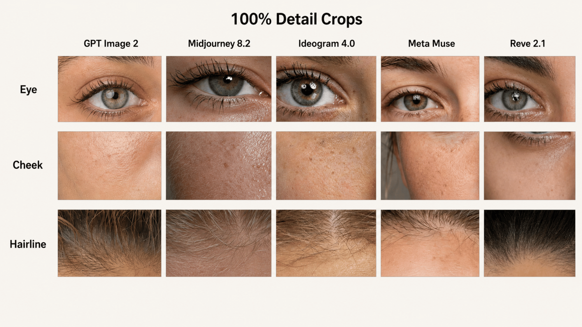 100% crops comparing eye, cheek and hairline detail from GPT Image 2, Midjourney, Ideogram, Meta Muse and Reve headshots.