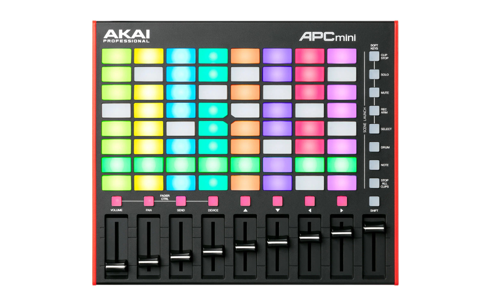 Akai APC Mini MK2 MIDI controller with illuminated performance pads, channel faders and Ableton Live controls.