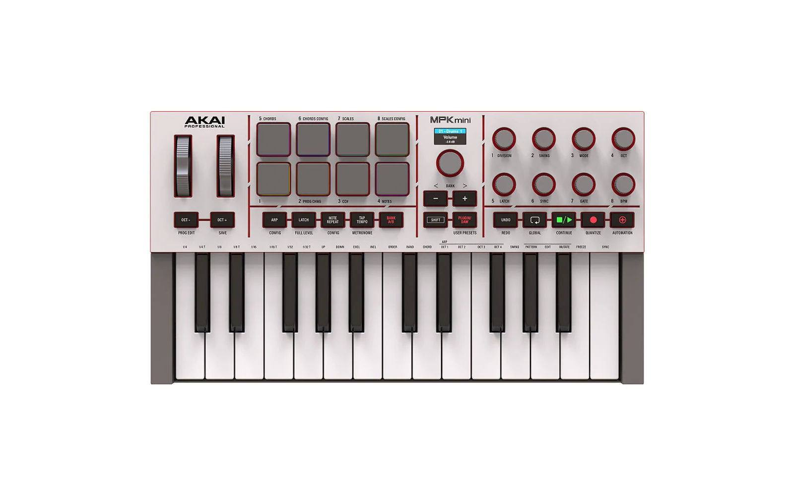 Akai MPK Mini IV compact MIDI keyboard with drum pads, rotary controls, pitch and modulation wheels.