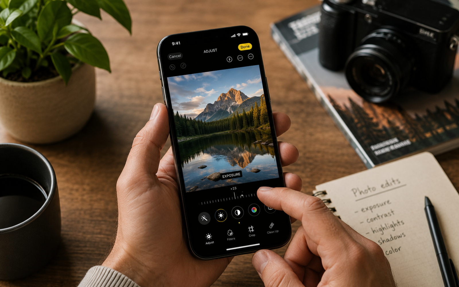Editorial workspace with an iPhone editing a photo in Apple Photos beside a printed reference image and a notebook ranking popular mobile photo editing apps.