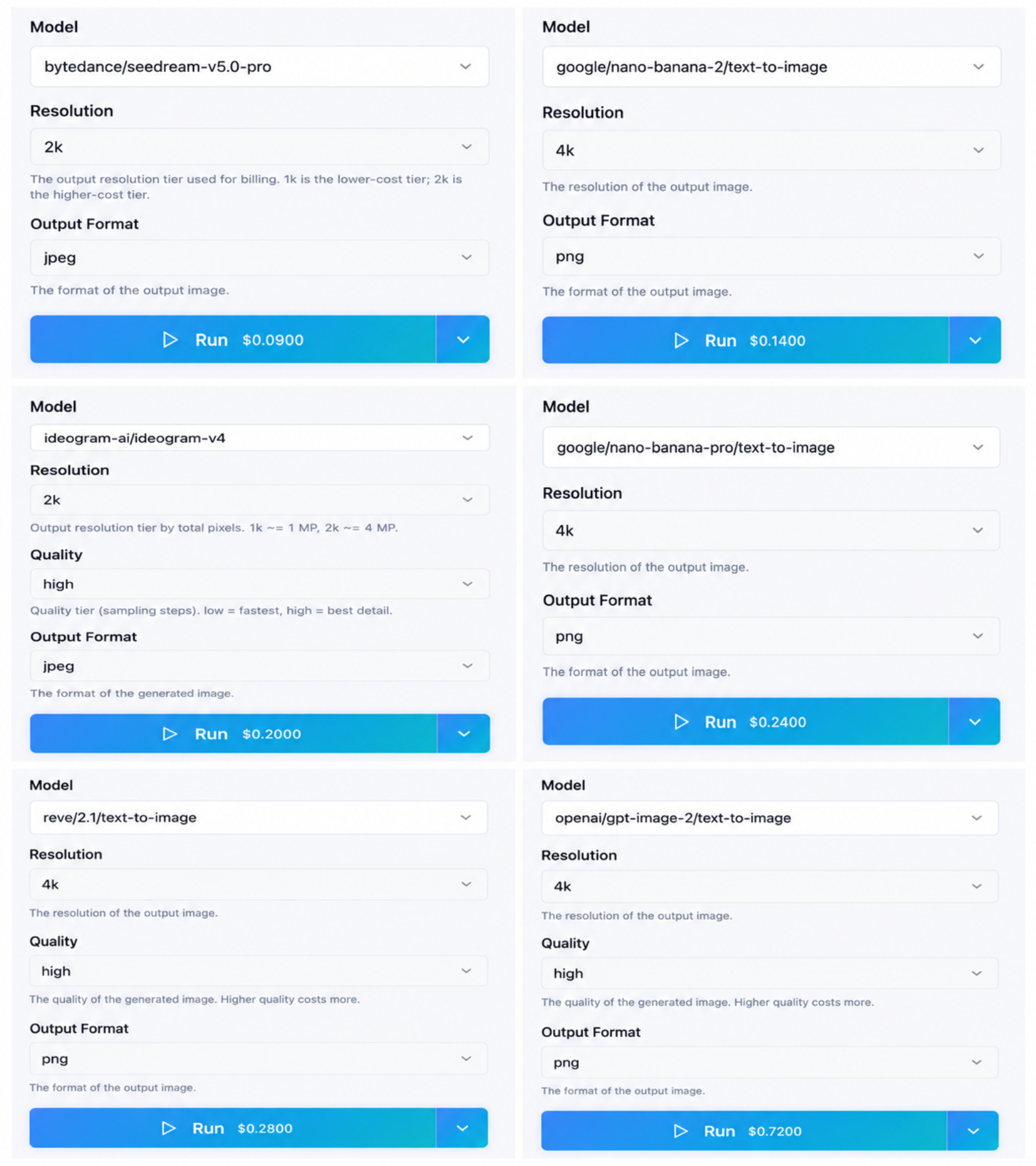 Pricing and quality-setting comparison for Seedream 5.0 Pro, Nano Banana 2, Ideogram 4.0, Nano Banana Pro, Reve 2.1 and GPT Image 2, showing model names, resolutions, quality settings and per-run prices.
