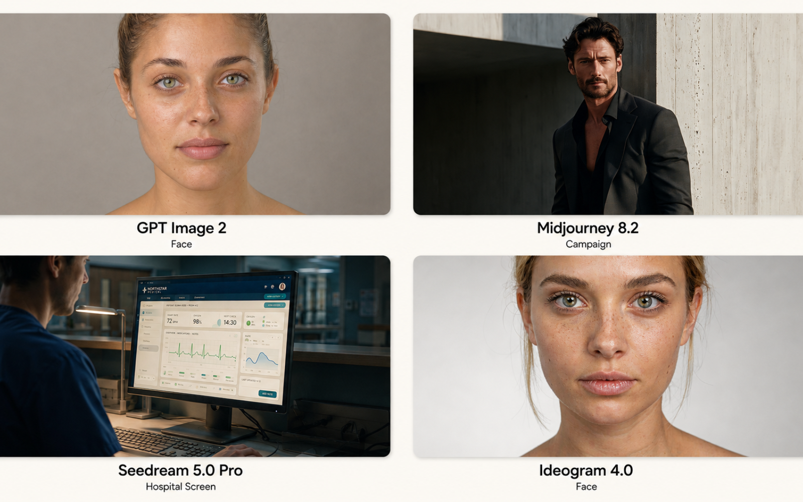 GPT Image 2, Midjourney 8.2, Seedream 5.0 Pro and Ideogram 4.0 winner images shown in a clean four-panel comparison grid.