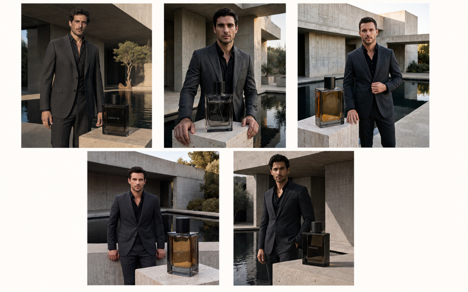 Five AI-generated VAREN 92 fragrance advertisements compared in a 3-over-2 grid, showing different model interpretations of the same man, bottle and brutalist poolside campaign.