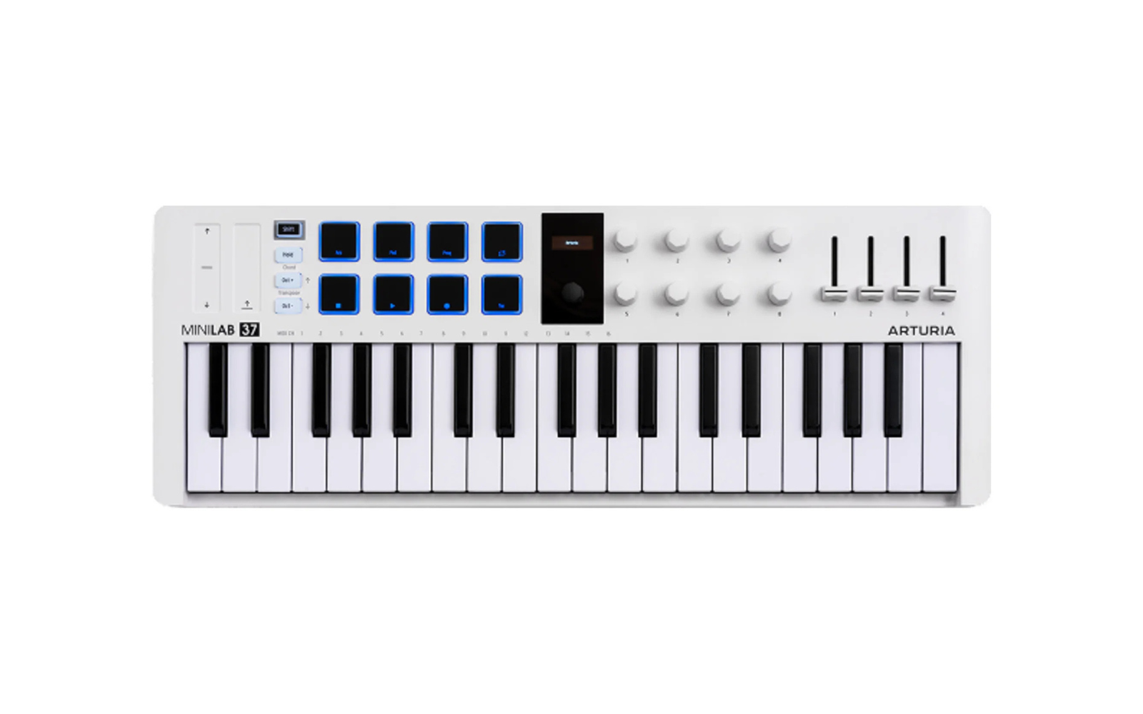 White Arturia MiniLab 37 MIDI keyboard with 37 keys, eight pads, rotary knobs and four control faders.