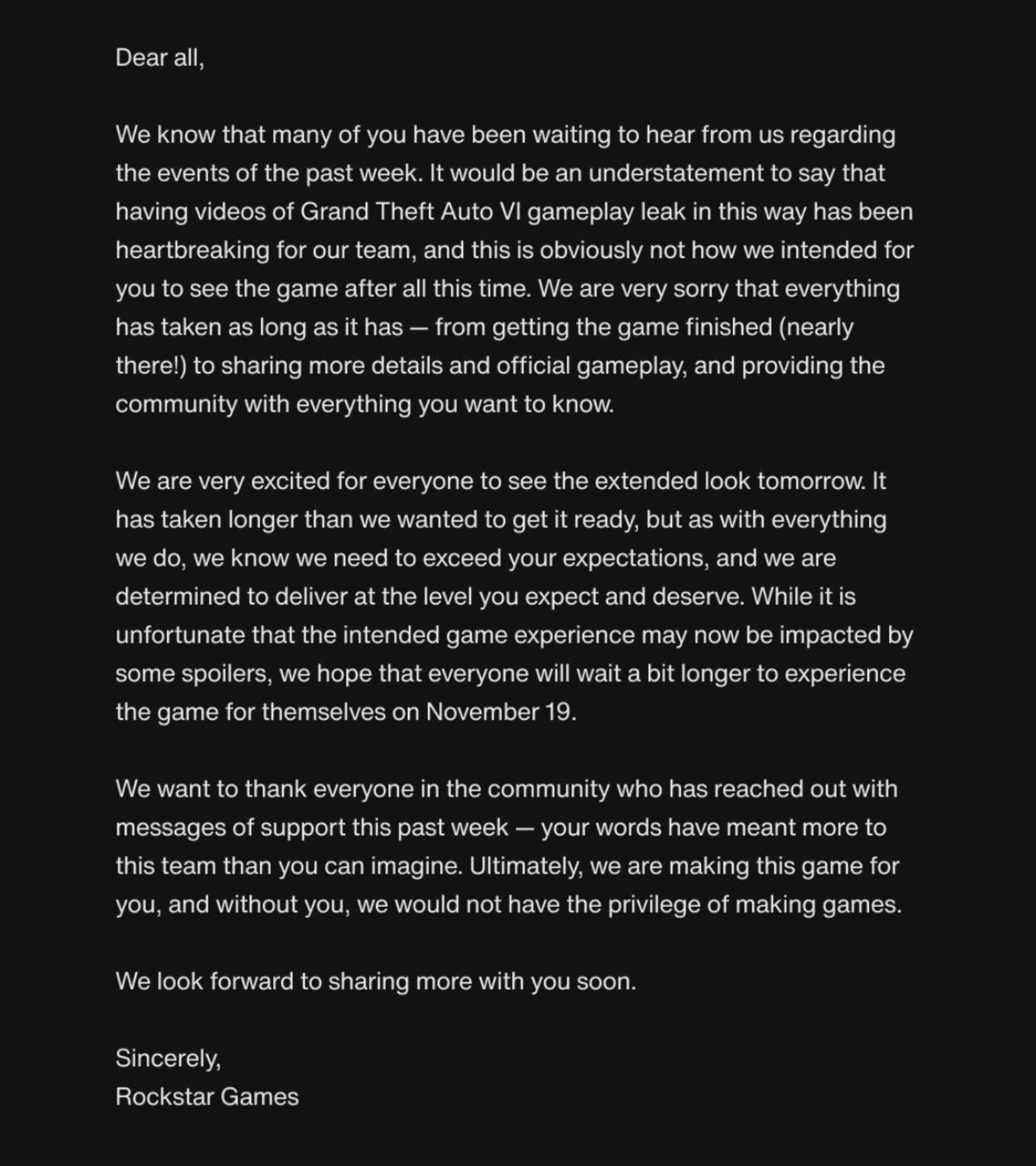 Rockstar Games statement confirming that GTA 6 gameplay videos leaked and describing the incident as heartbreaking for the development team.