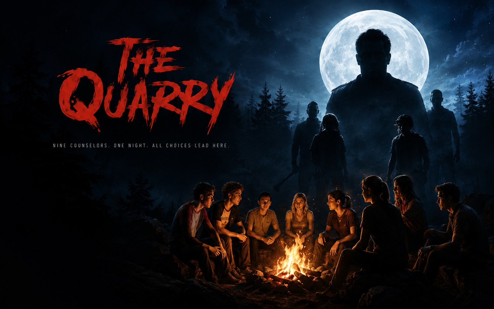 Camp counselors gather around a fire beneath a full moon as shadowy figures loom in the forest behind them.
