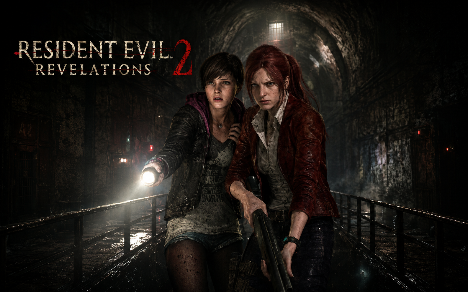 Claire Redfield and Moira Burton explore a dark industrial tunnel with a shotgun and flashlight.