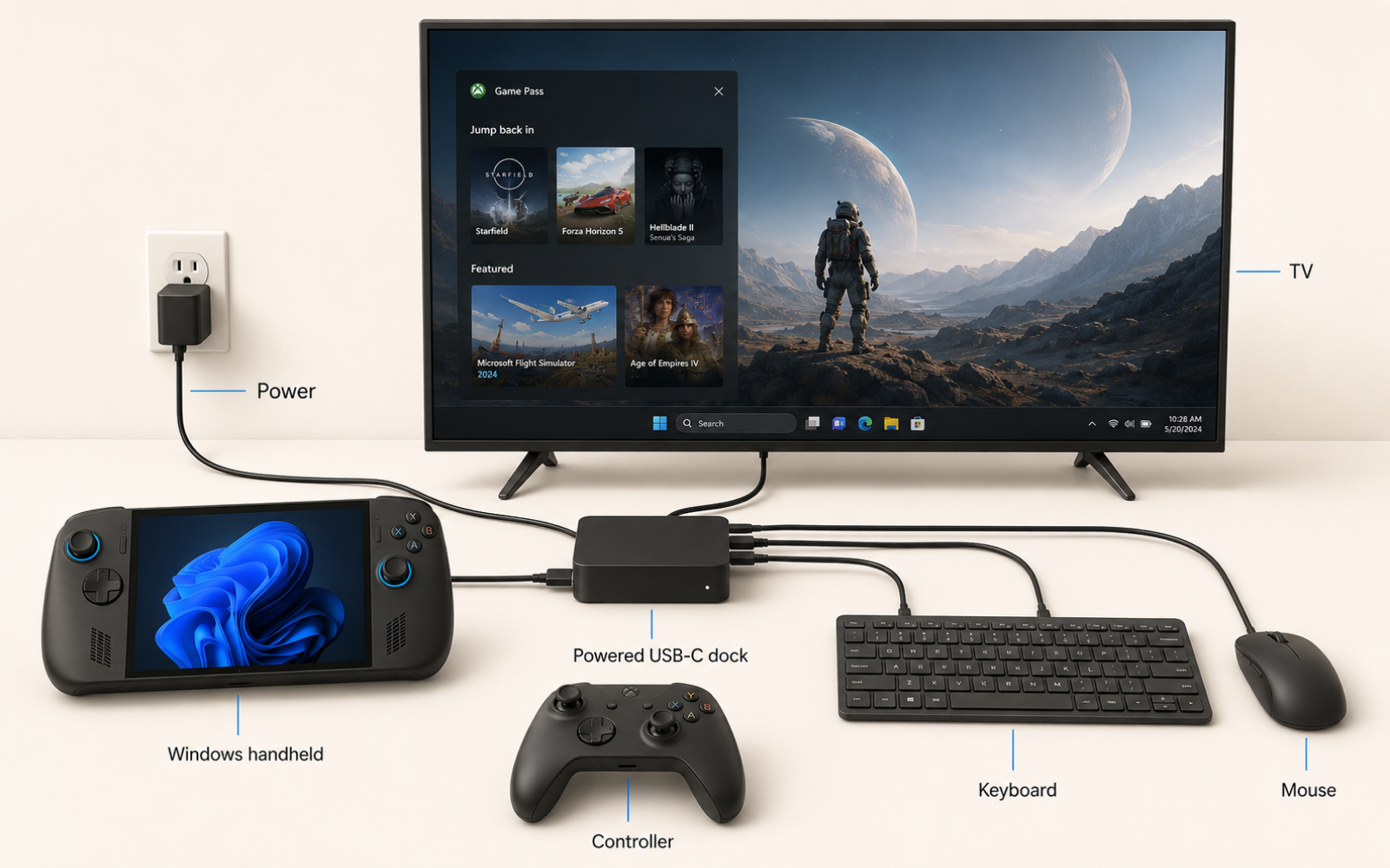 Windows gaming handheld connected to a television and accessories through a powered USB-C dock.