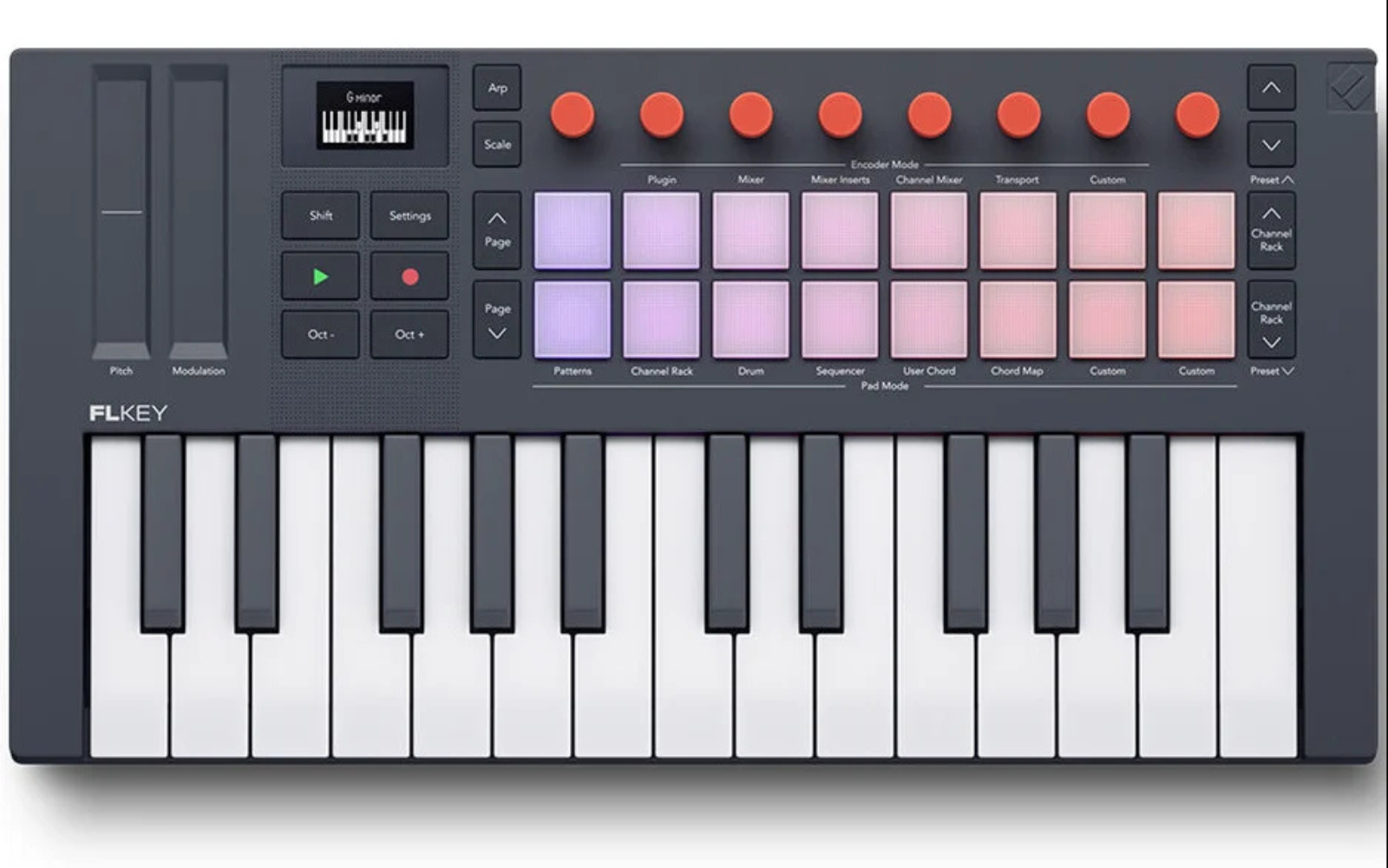 Novation FLkey Mini MIDI keyboard with 25 keys, 16 illuminated pads, eight knobs and FL Studio controls.