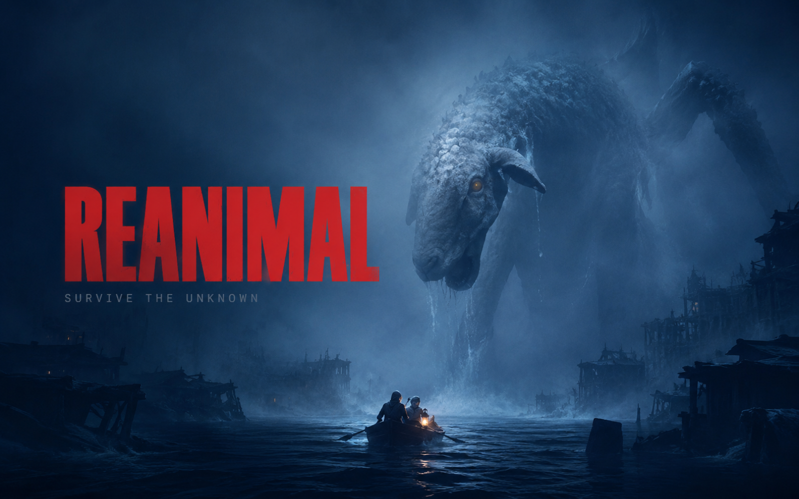 Two survivors row through dark floodwater beneath a towering creature in a ruined blue-lit horror landscape.