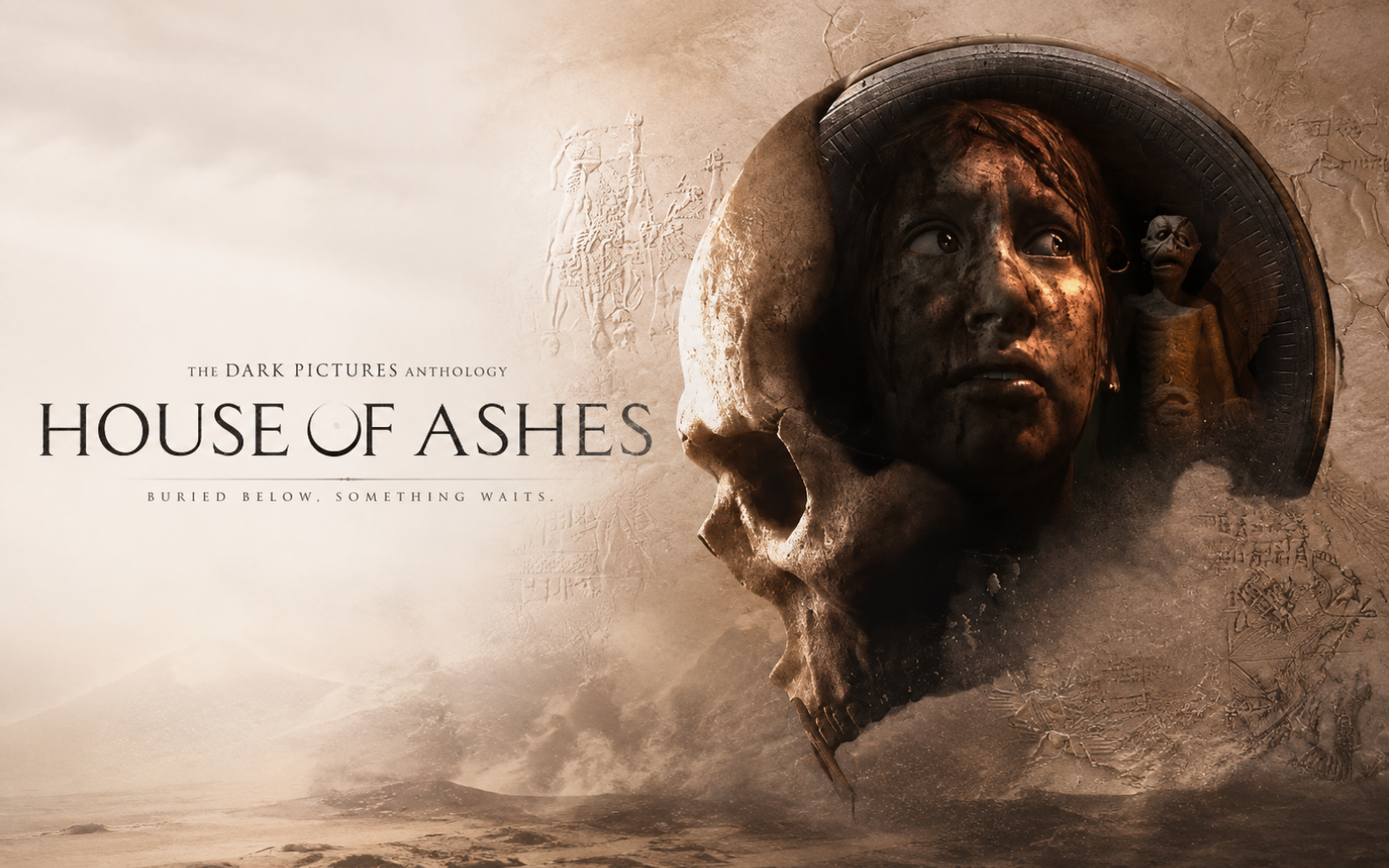 Ancient skull imagery, a frightened survivor and a hidden creature emerge from dusty Mesopotamian ruins.