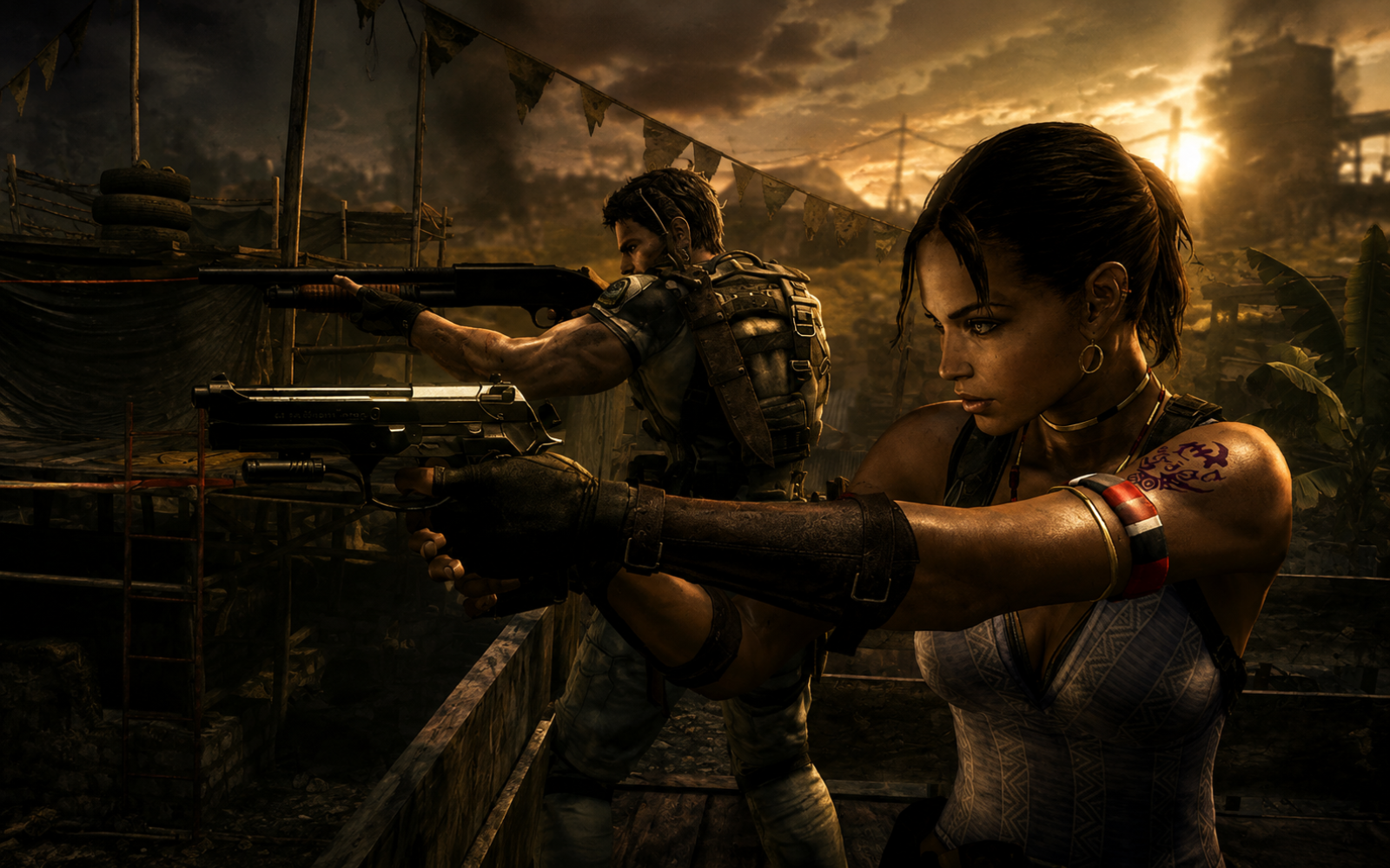 Sheva Alomar and Chris Redfield aim their weapons across a ruined settlement under a fiery sunset.