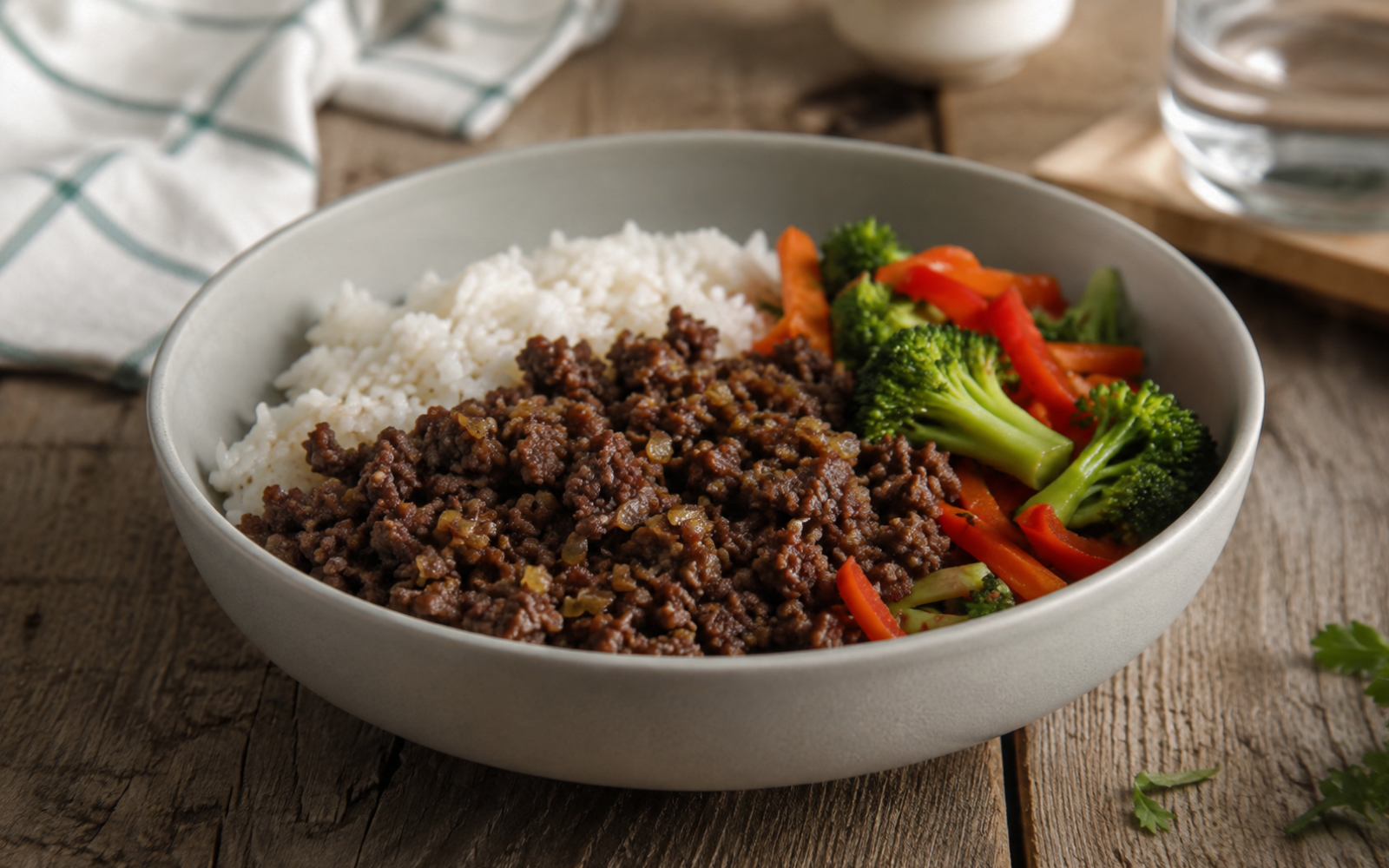 Simple homemade beef, rice and vegetable bowl used for high-protein meal prep.