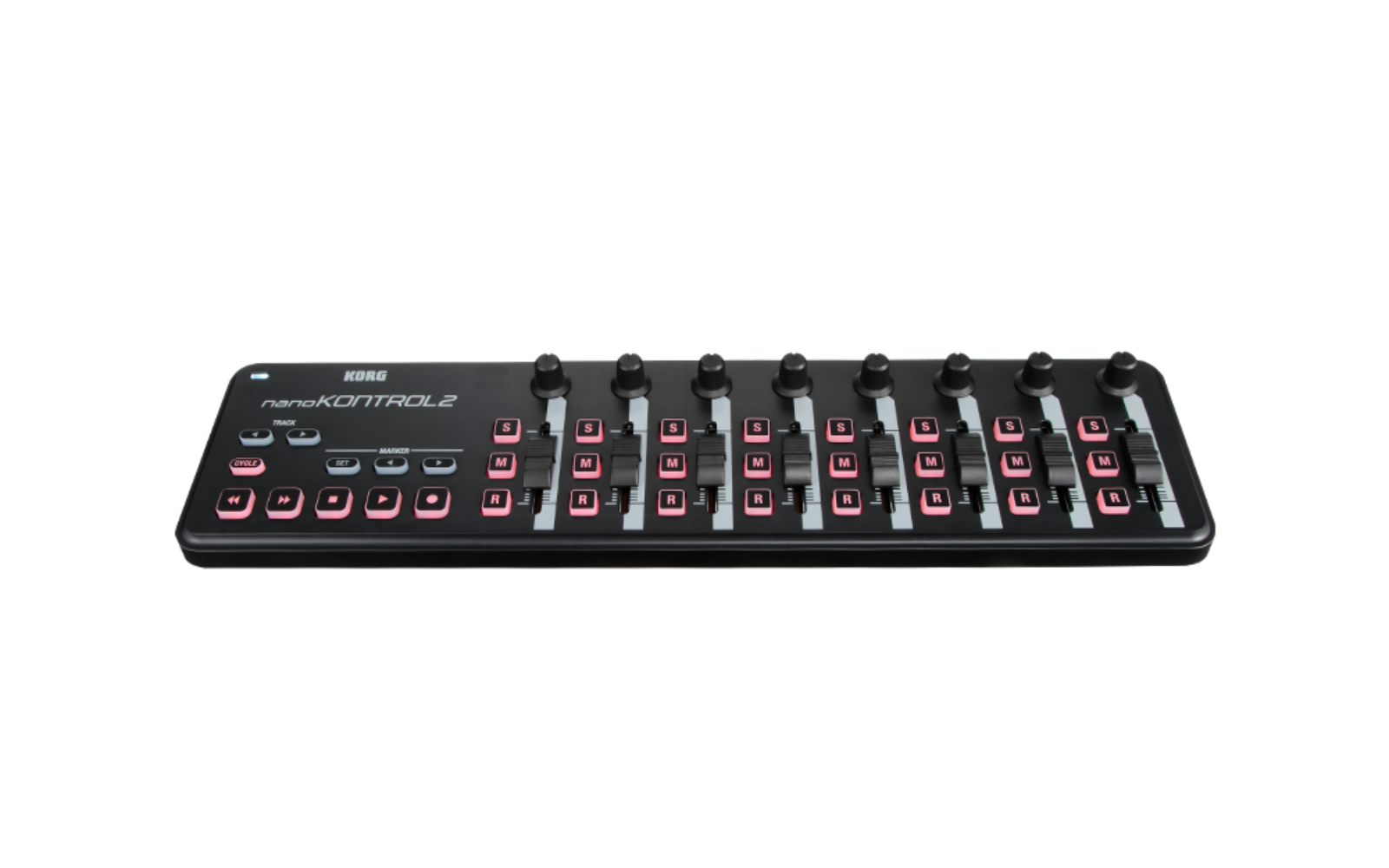 Black Korg nanoKONTROL2 MIDI control surface with eight faders, rotary knobs and transport buttons.