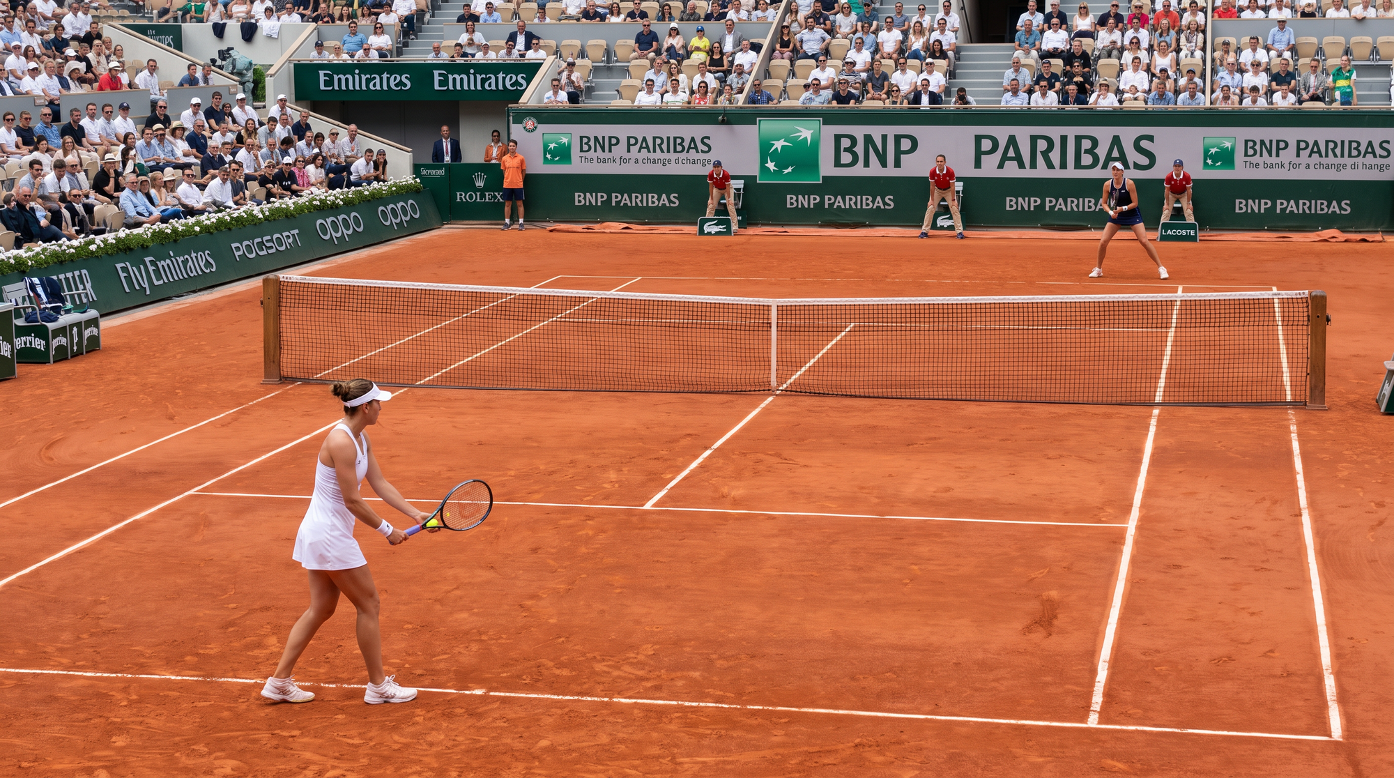 Final AI-generated tennis source showing two women correctly positioned behind opposite baselines on a full outdoor court.