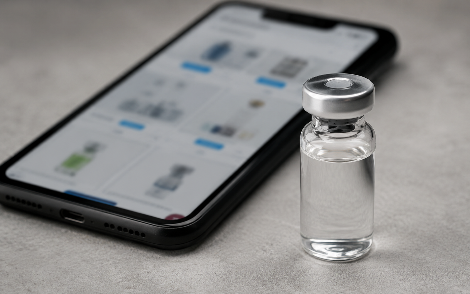 Unlabelled peptide vial beside a blurred online sales page.