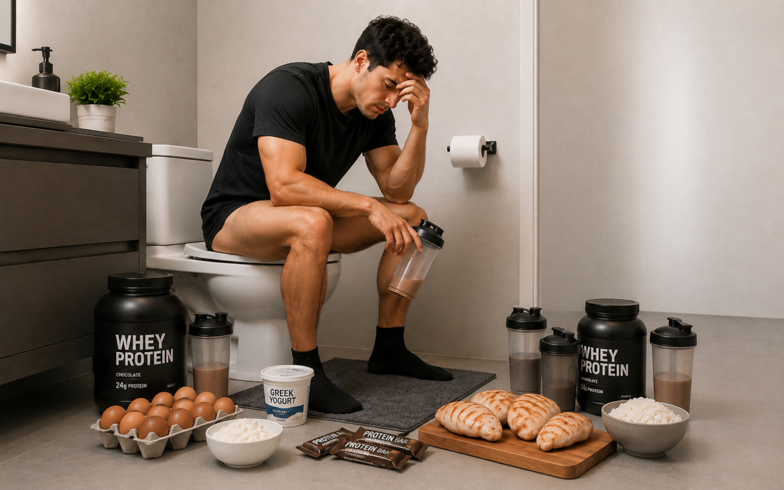 Young man surrounded by protein shakes, eggs, chicken and supplements while sitting uncomfortably on the toilet after excessive protein intake.