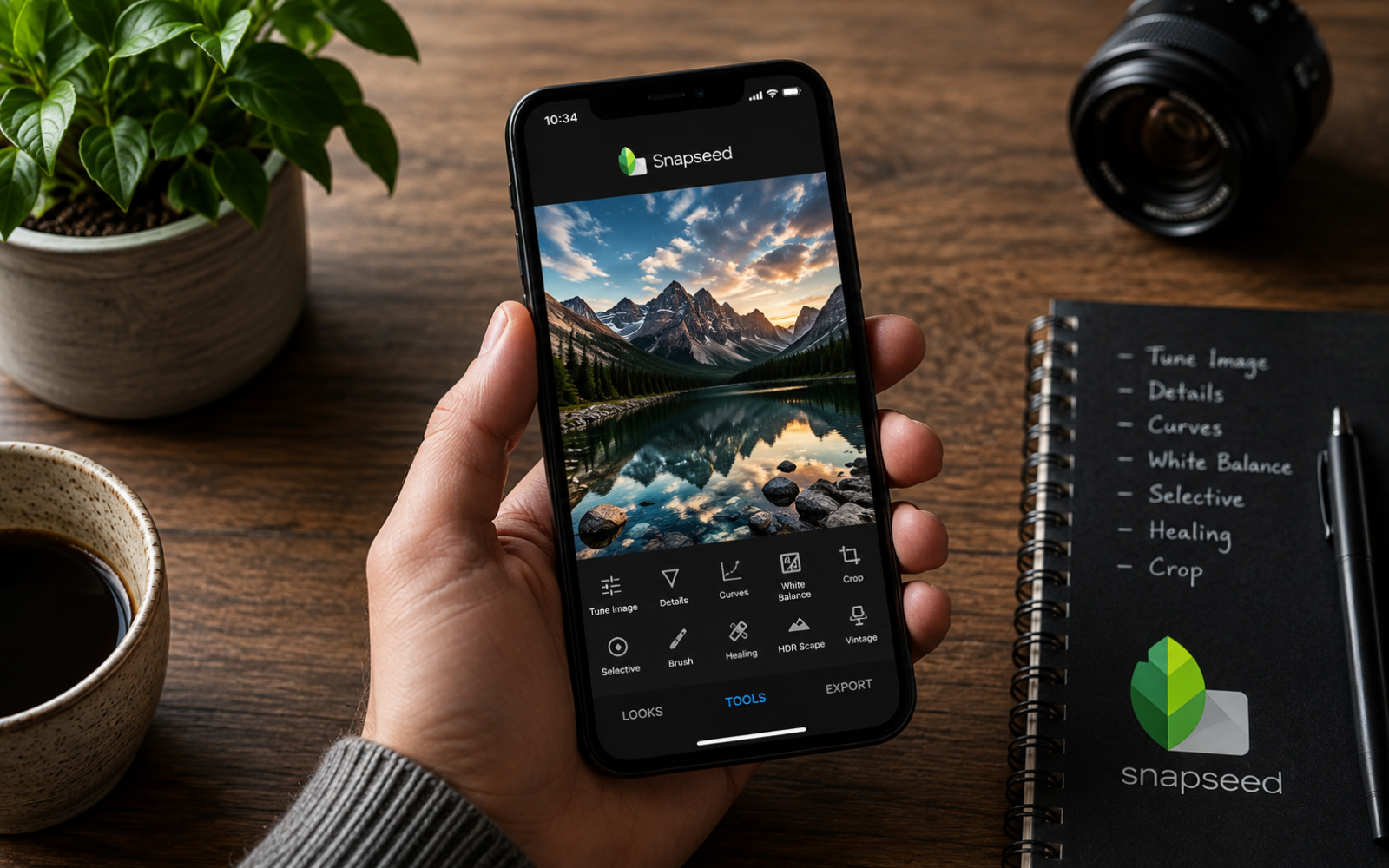 Smartphone editing a photo in Snapseed on a warm desk beside a notebook comparing the best mobile photo editing apps with star ratings.