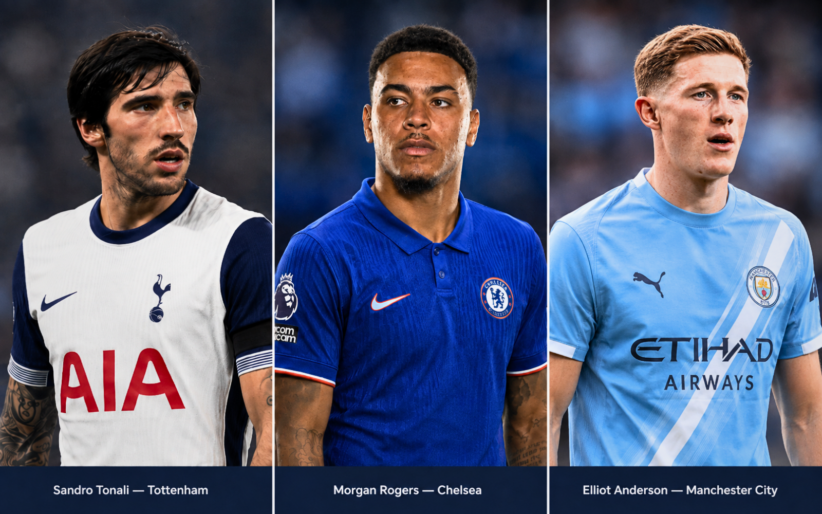 Sandro Tonali, Morgan Rogers and Elliot Anderson after their major Premier League transfers in summer 2026.