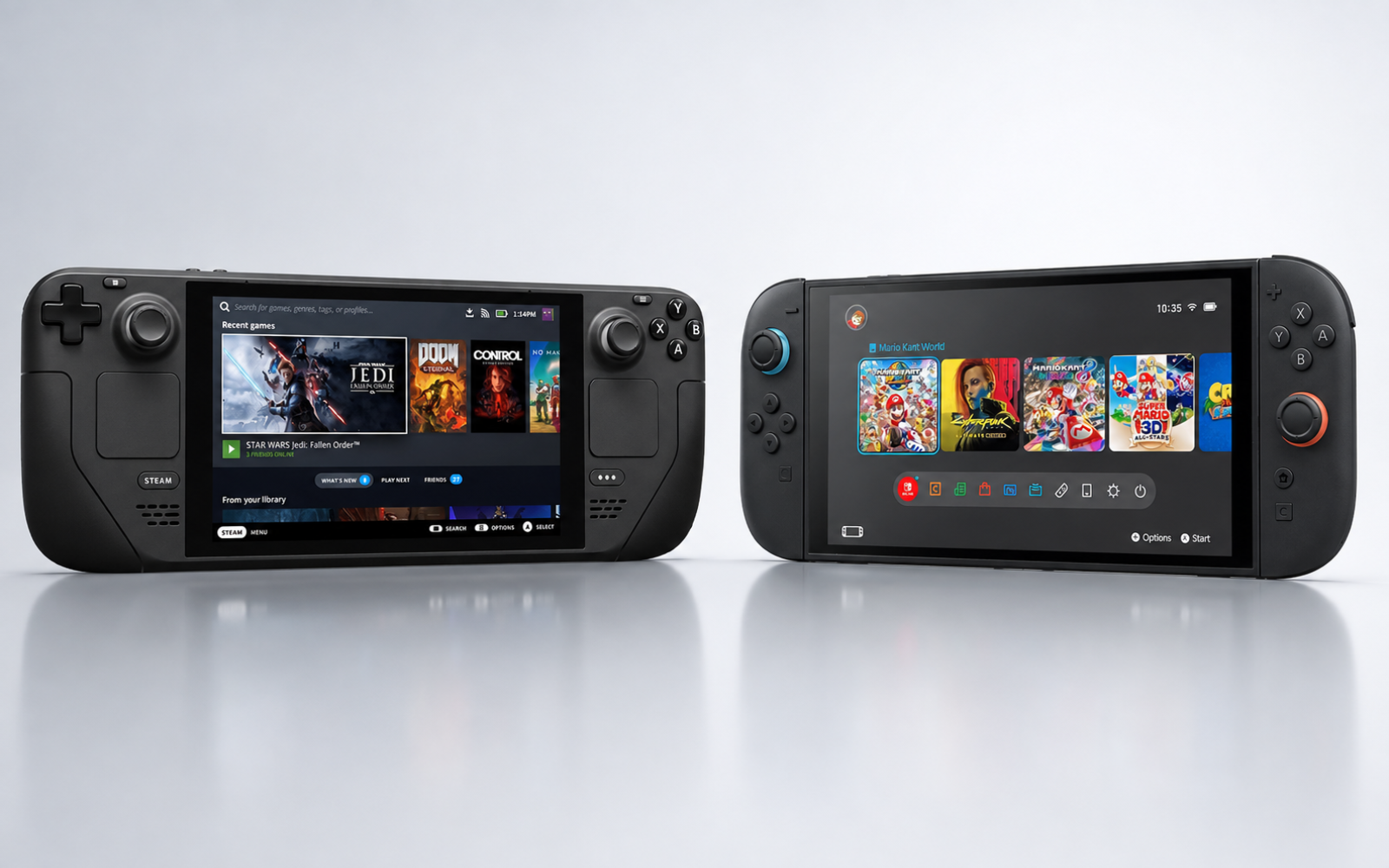 Steam Deck OLED and Nintendo Switch 2 handheld consoles displayed side by side on a clean studio background.