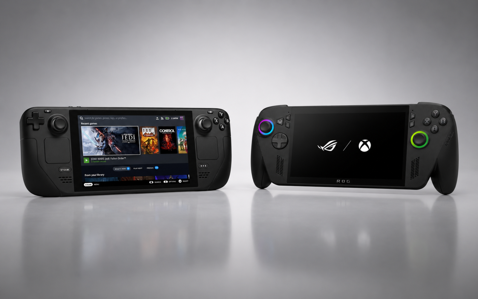 Steam Deck OLED and ROG Xbox Ally X handheld gaming consoles displayed side by side on a minimalist studio background.