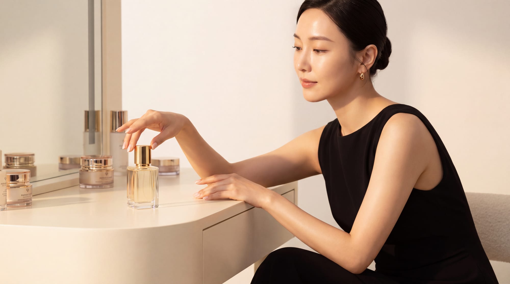 East Asian woman seated at a minimalist cream dressing table