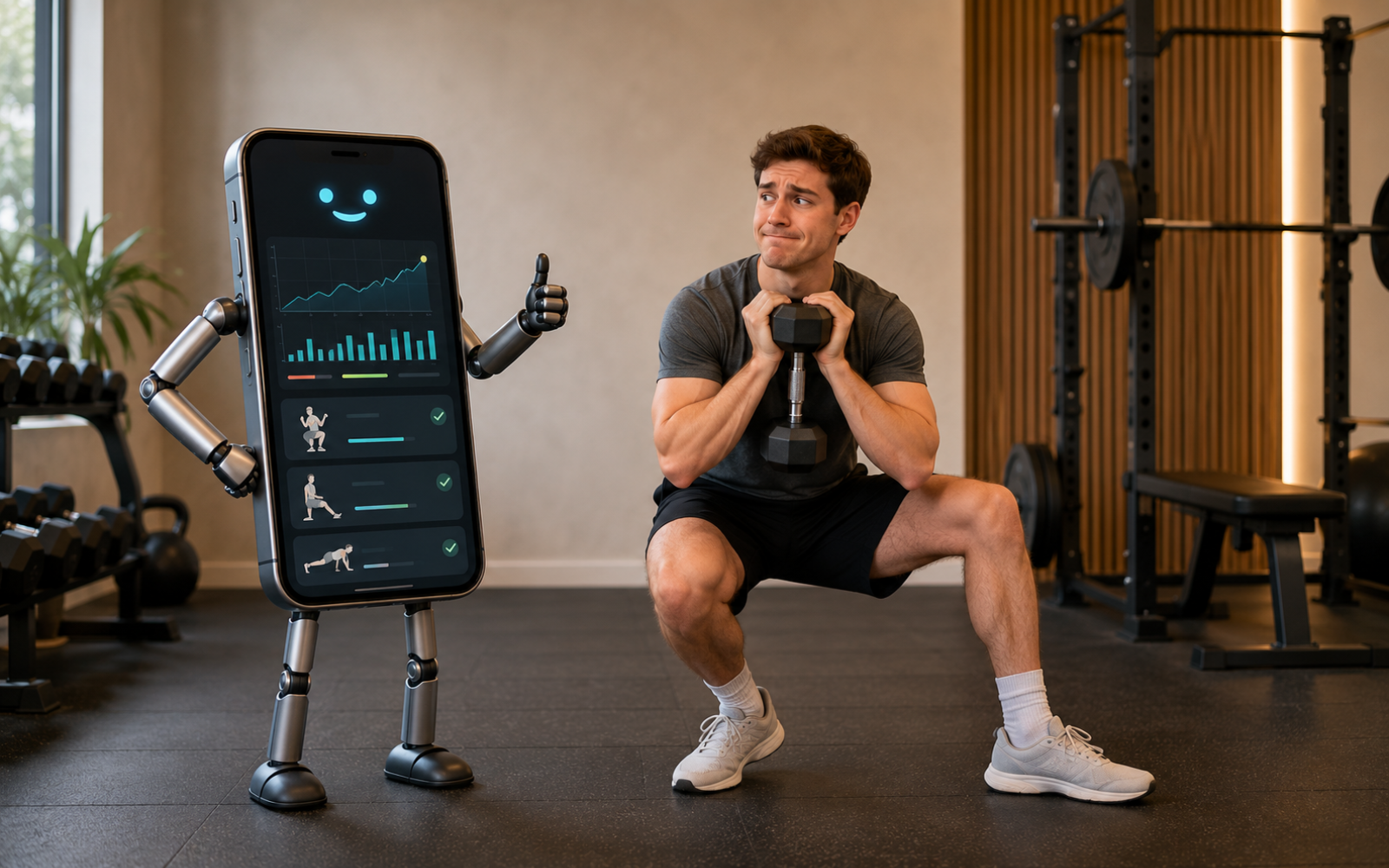 Phone-shaped AI fitness coach giving questionable workout guidance to a man training with a dumbbell.