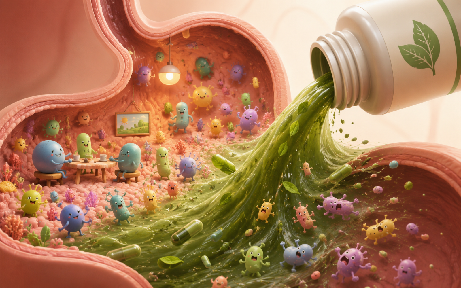 Healthy gut microbes being overwhelmed by an unnecessary herbal parasite cleanse despite no visible parasite infection.