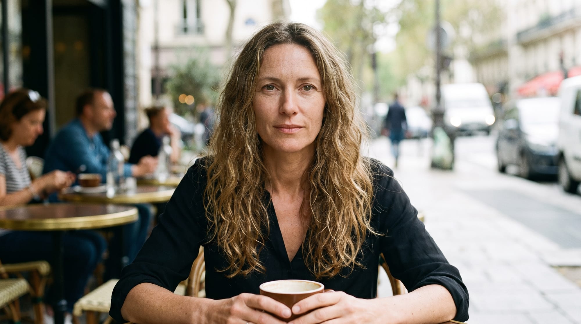 Young woman sitting in a softly lit café before an AI portrait-animation test.