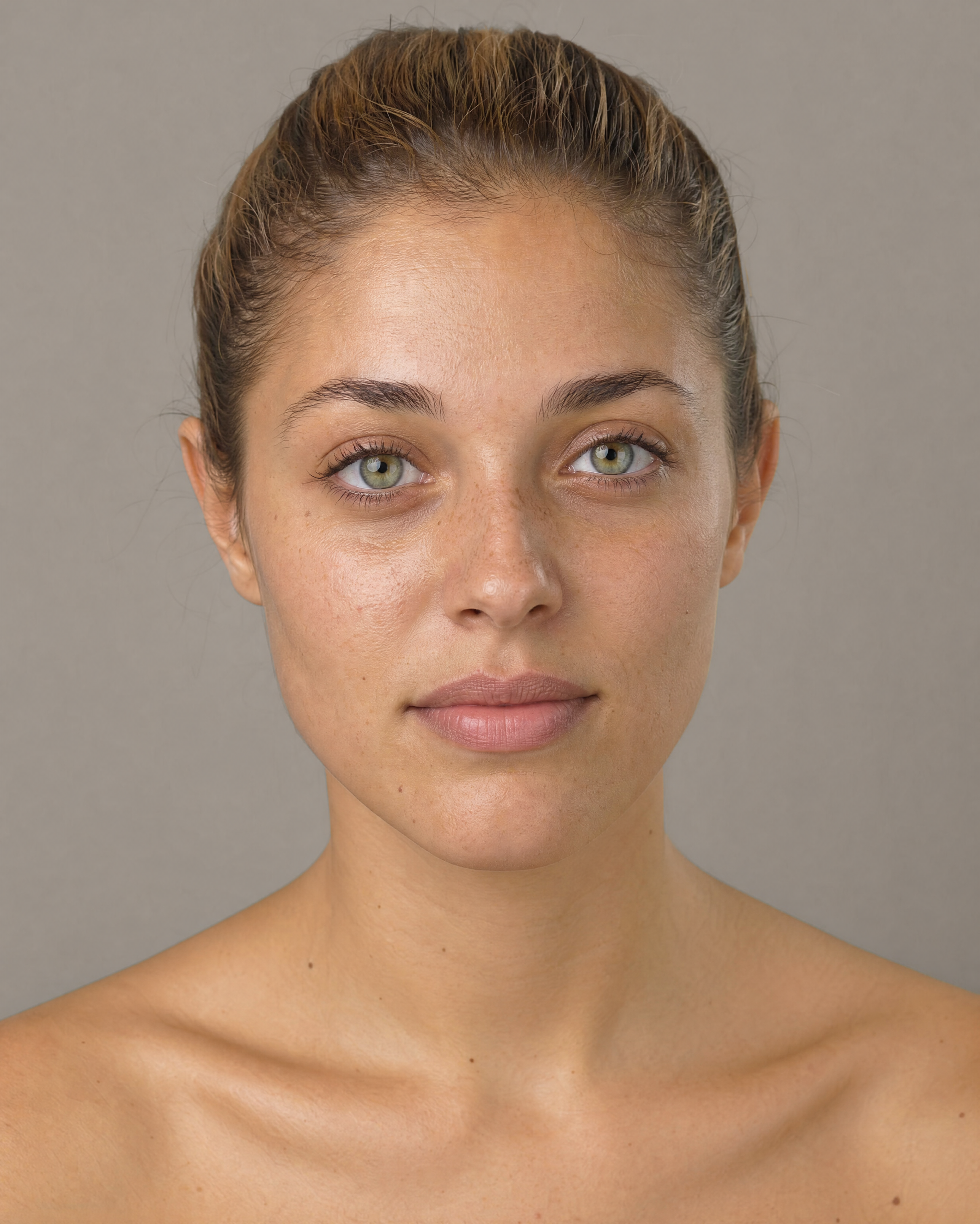 GPT Image 2 portrait result showing a woman with detailed skin pores, freckles, eye catchlights and dark-blonde hair pulled back.