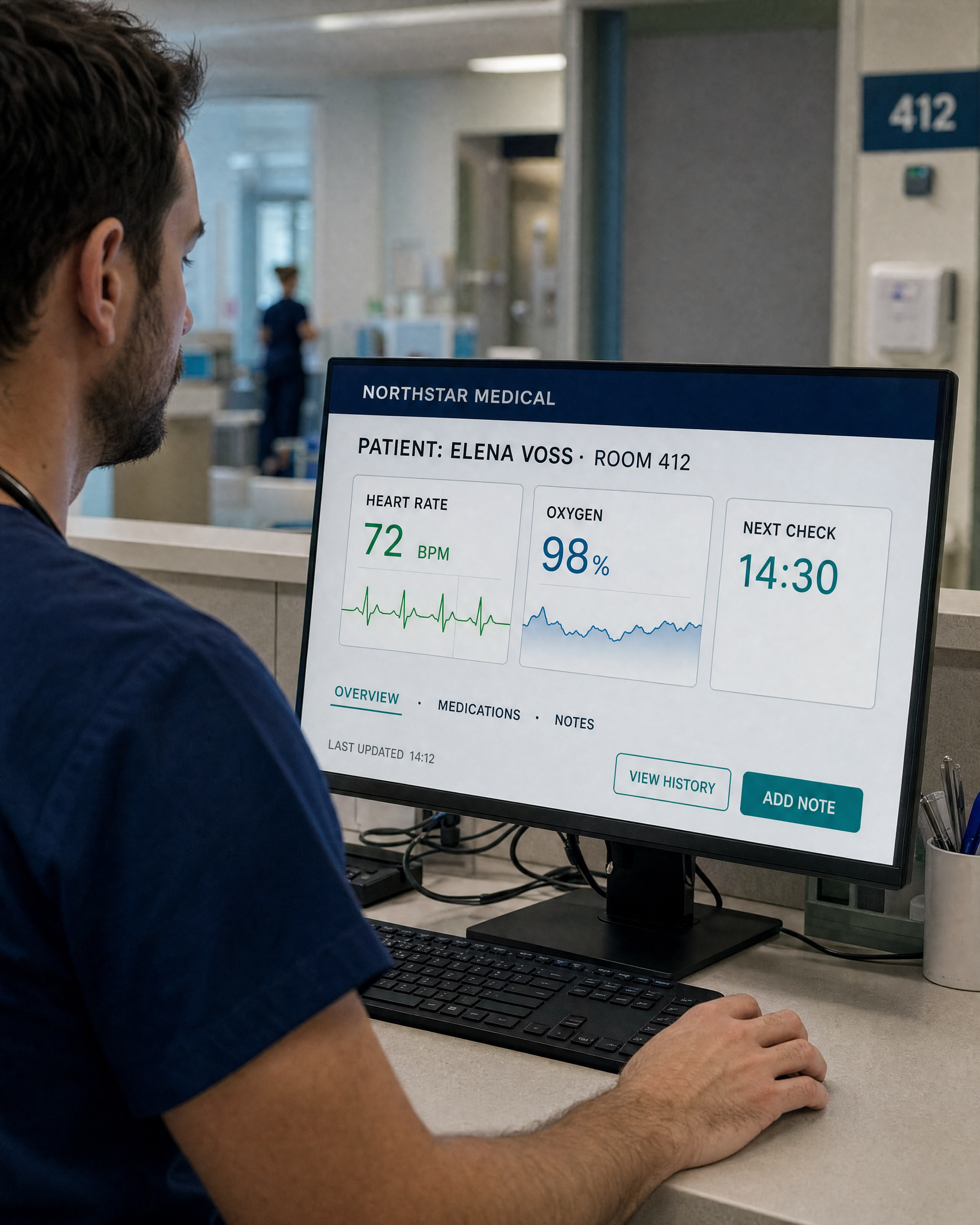 GPT Image 2 hospital test showing a doctor beside a large patient dashboard with readable medical text, ECG and oxygen charts.