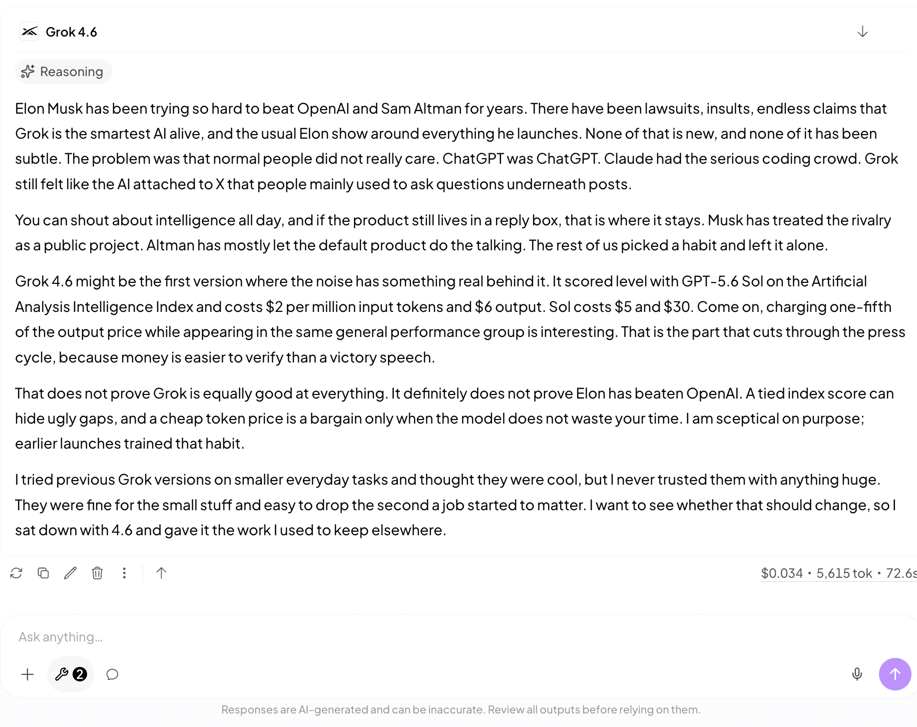 Grok 4.6 writing the strongest editorial passage while taking 72.6 seconds and 5,615 reported tokens.]