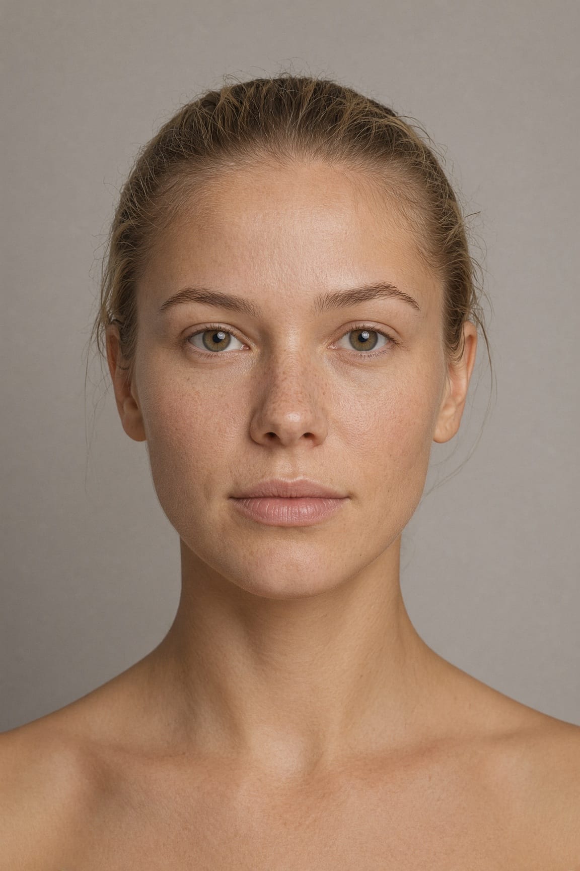 Grok Imagine Image 2.0 portrait result showing a close-up woman with lightly grainy skin, green-hazel eyes and pulled-back hair.