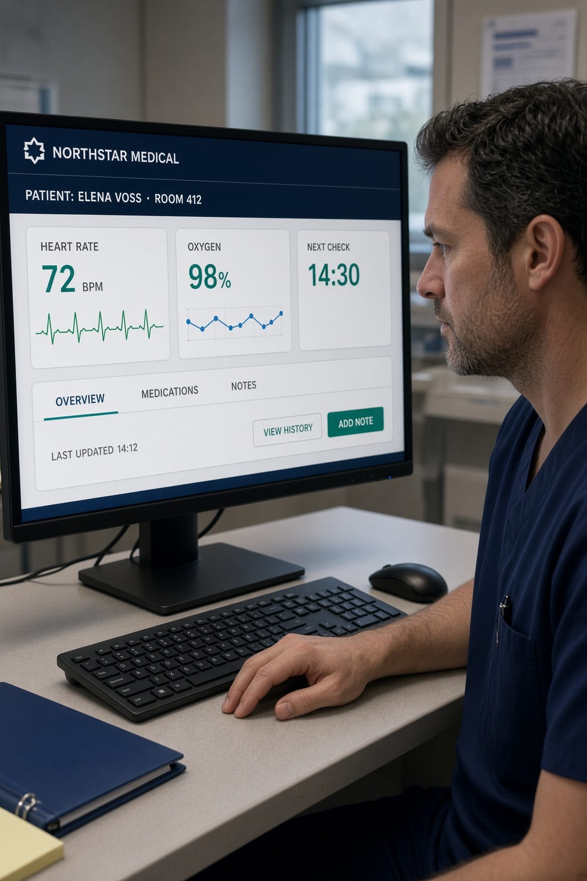 Grok Imagine Image 2.0 hospital test showing a doctor at a workstation with a large blue-and-white patient dashboard.