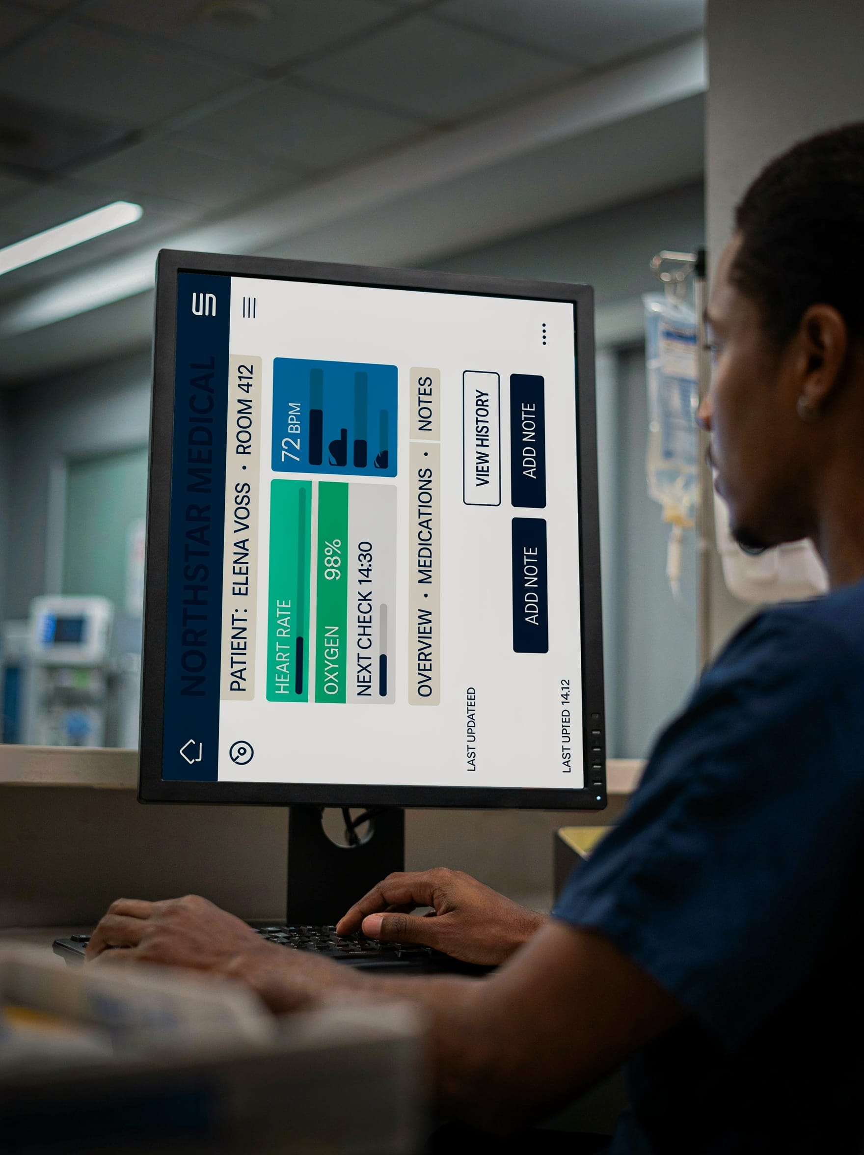 Ideogram 4.0’s first hospital test showing a patient dashboard displayed on a vertically oriented monitor beside a doctor.