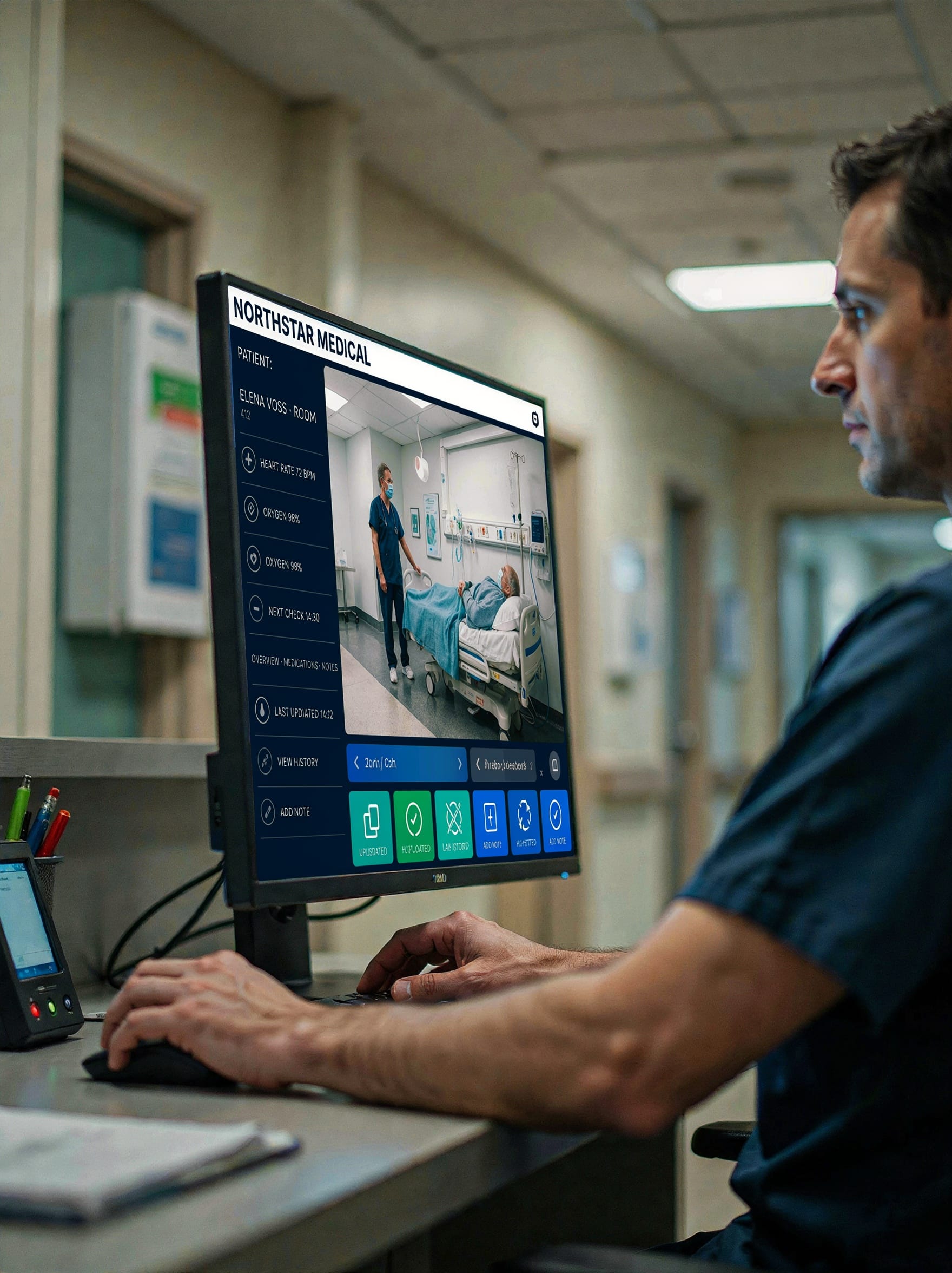 Ideogram 4.0 hospital test showing a doctor beside medical monitors with readable patient details, charts and an on-screen video window.