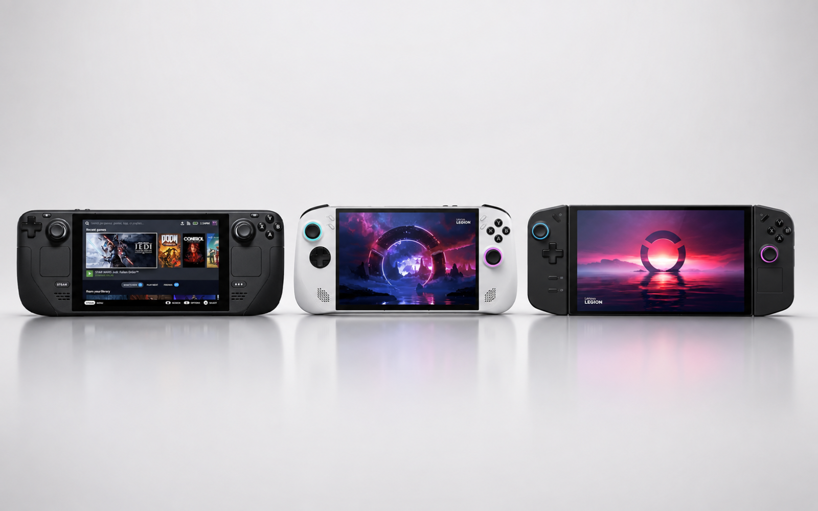 Steam Deck OLED compared side by side with Lenovo Legion Go S and Lenovo Legion Go 2 handheld gaming consoles.
