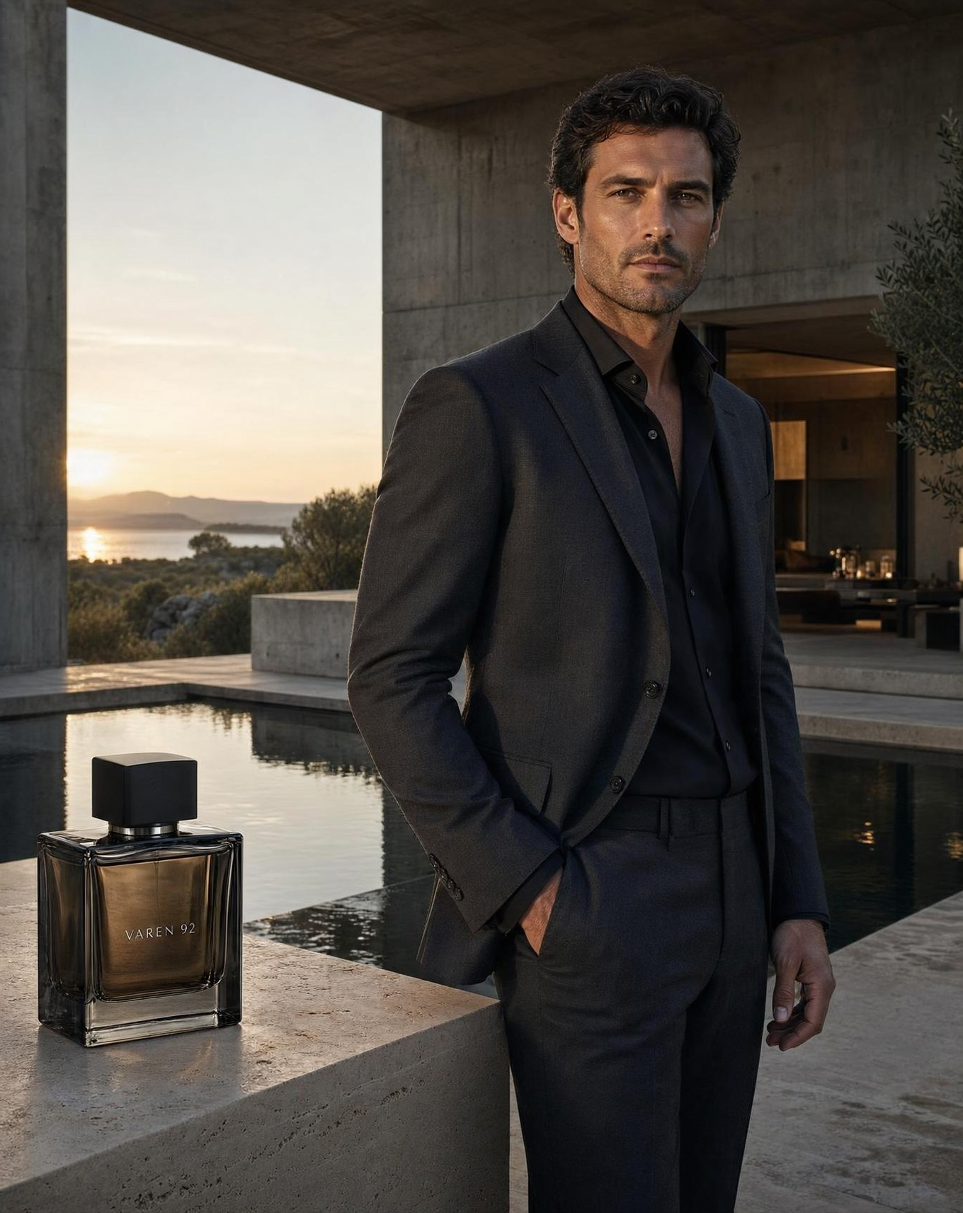 Microsoft MAI-Image 2.6 fragrance campaign showing a suited man and VAREN 92 bottle inside a polished brutalist luxury setting.
