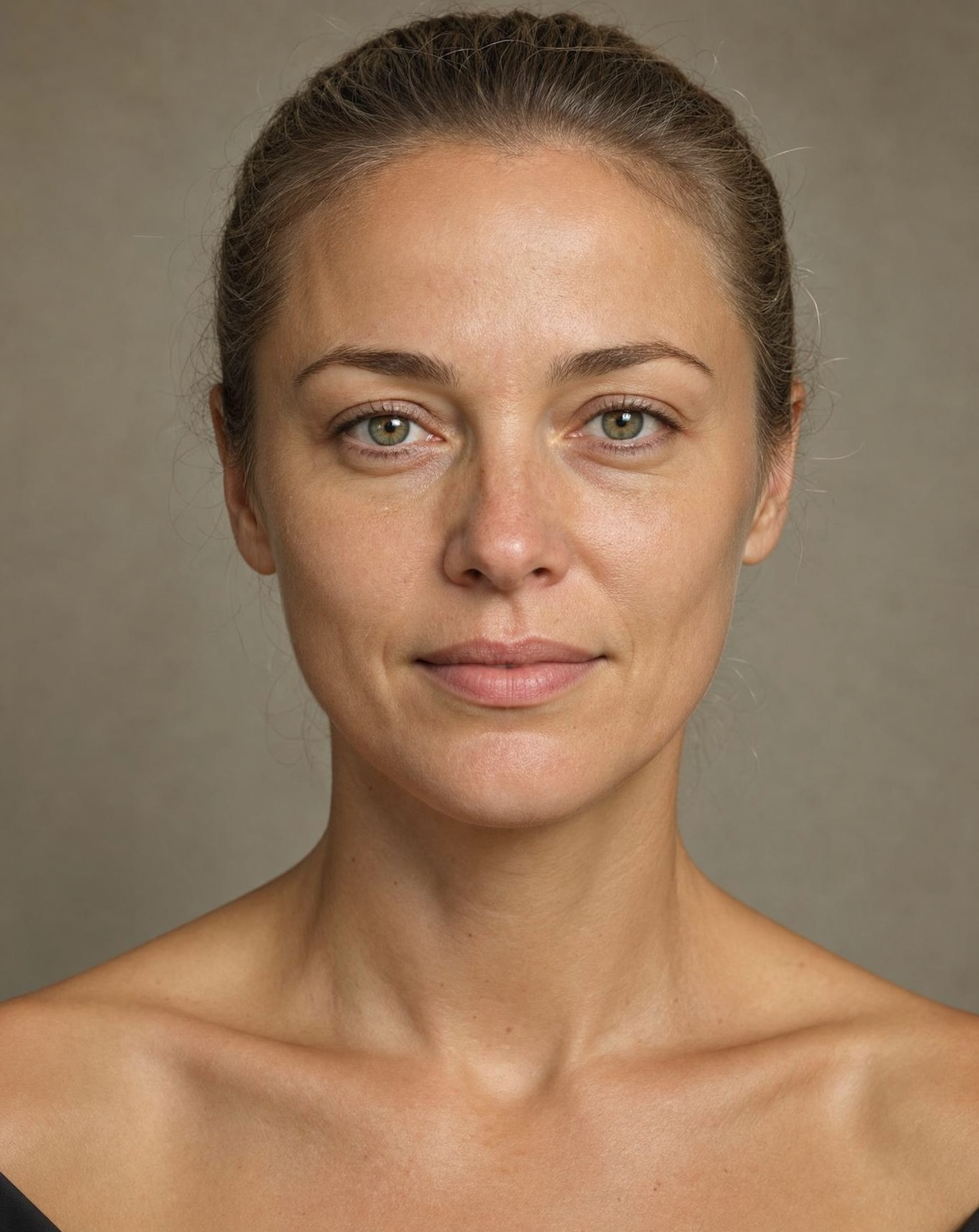 Microsoft MAI-Image 2.6 portrait result showing a close-up woman with smooth skin, freckles and dark-blonde hair against a neutral background.