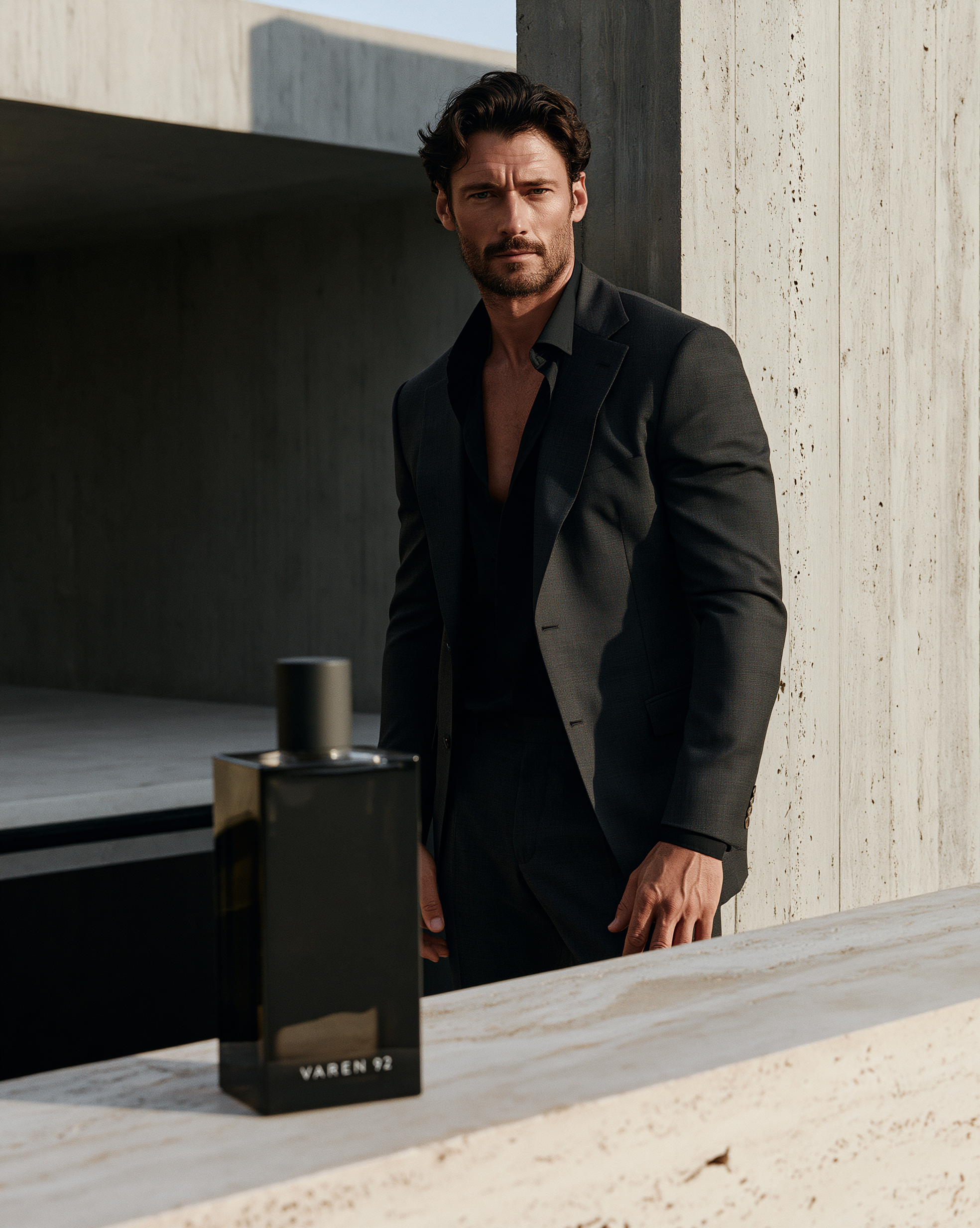 Midjourney 8.2 fragrance campaign showing a suited man, smoked-glass VAREN 92 bottle, concrete villa and controlled afternoon light.