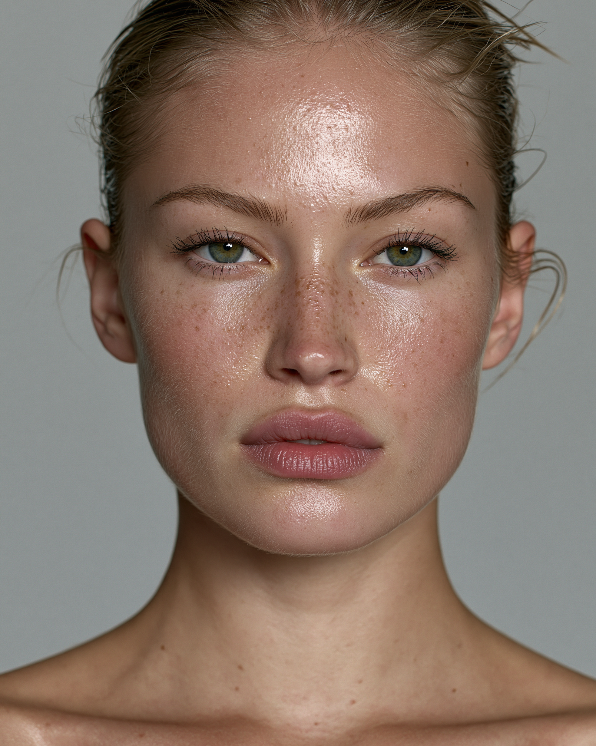 Midjourney 8.2 portrait result showing a freckled woman with glossy skin, detailed eyes, individual hairs and a polished photographic finish.
