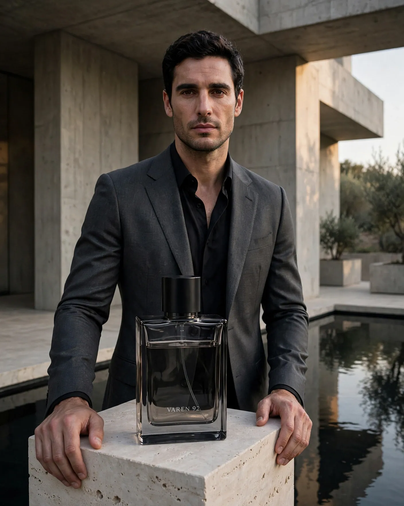 Meta Muse Image fragrance campaign showing a suited man near a reflecting pool with an oversized VAREN 92 bottle in the foreground.